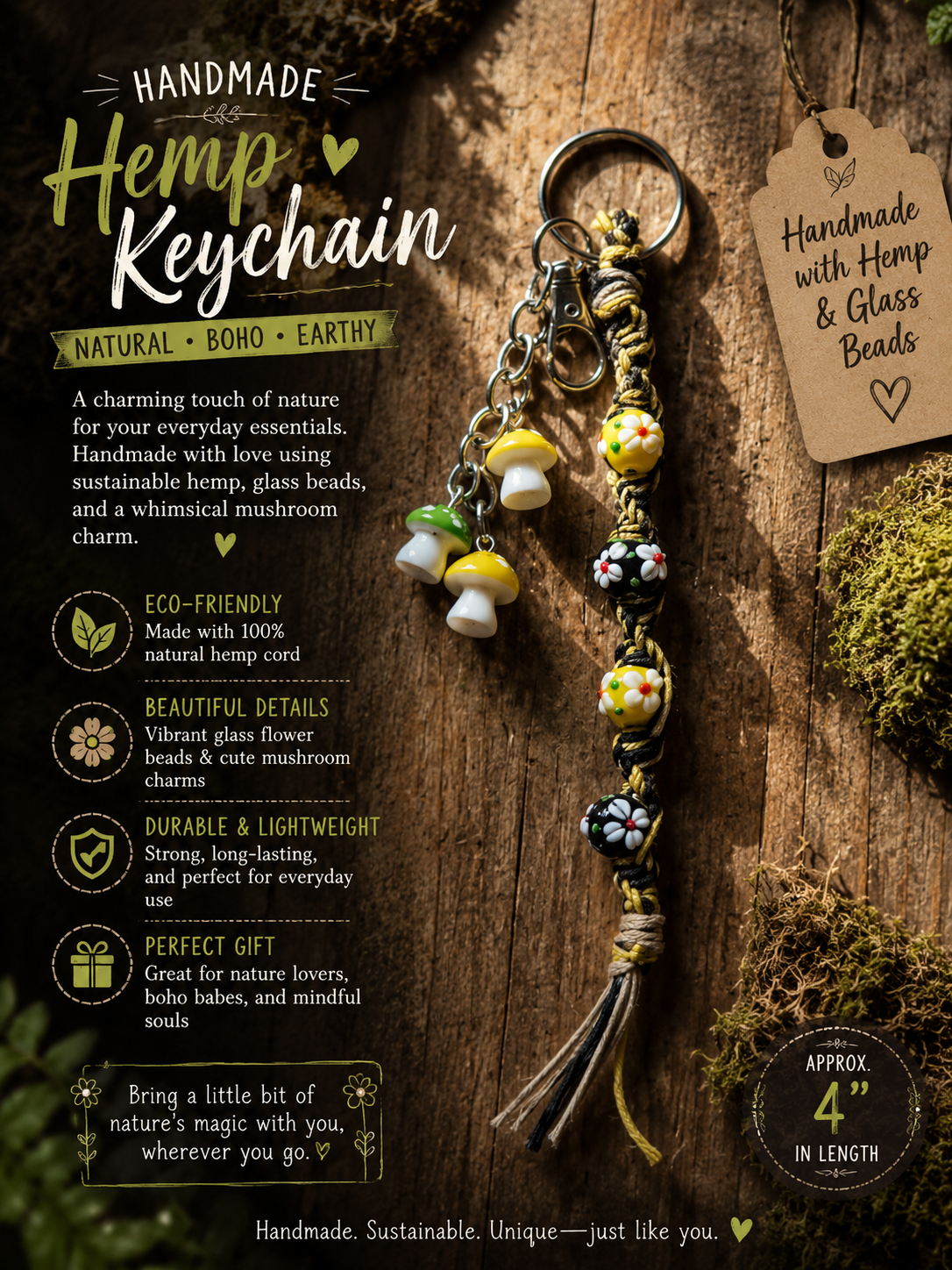 Mushroom Hemp Keychain | Boho Flower Beaded Keychain | Cottagecore Bag Charm | Handmade Glass Bead Keyring | Nature Lover Gift