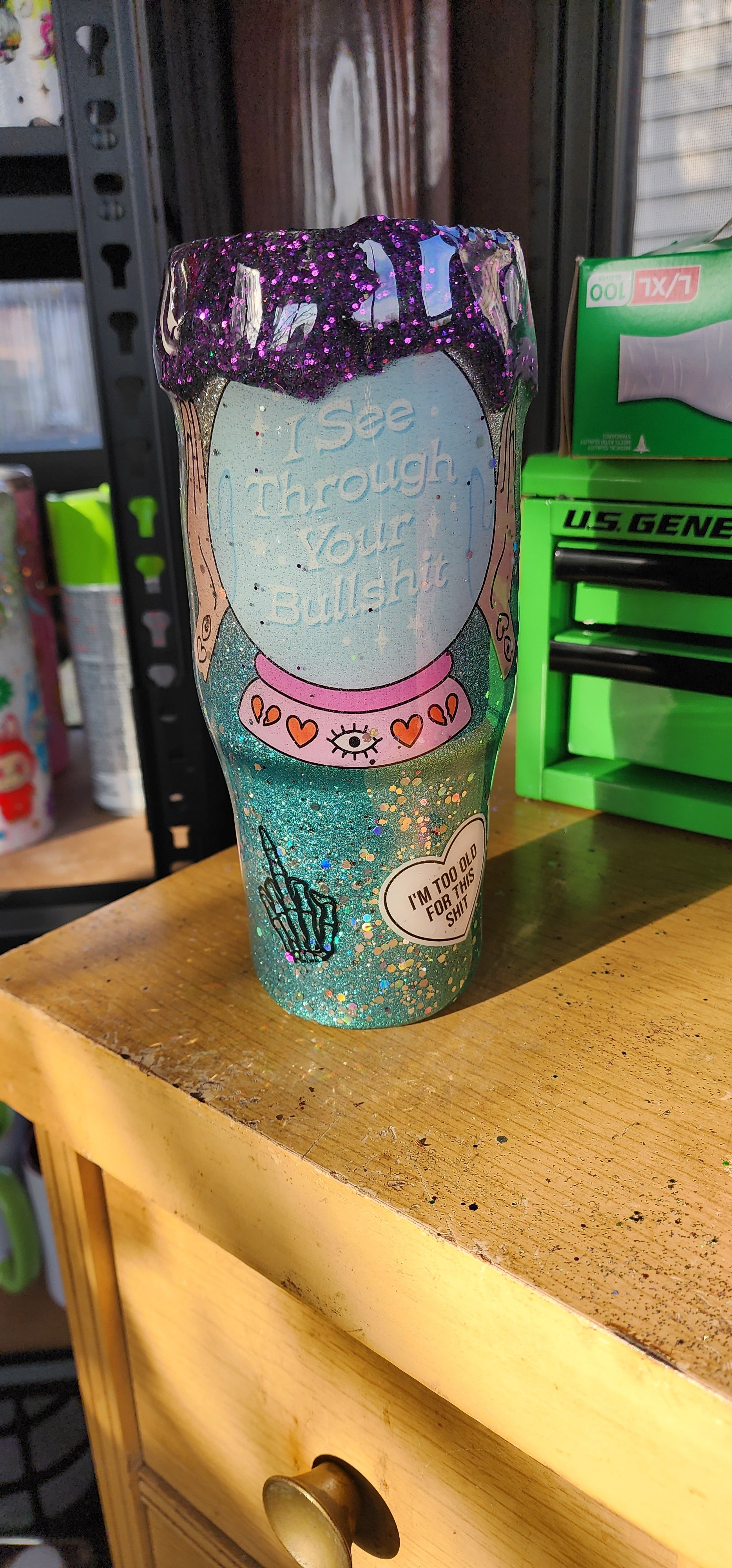 Too Old for This Tumbler 20oz – Turquoise Glitter Purple Drip Epoxy Cup, Funny Sarcastic Stainless Steel Coffee Tumbler