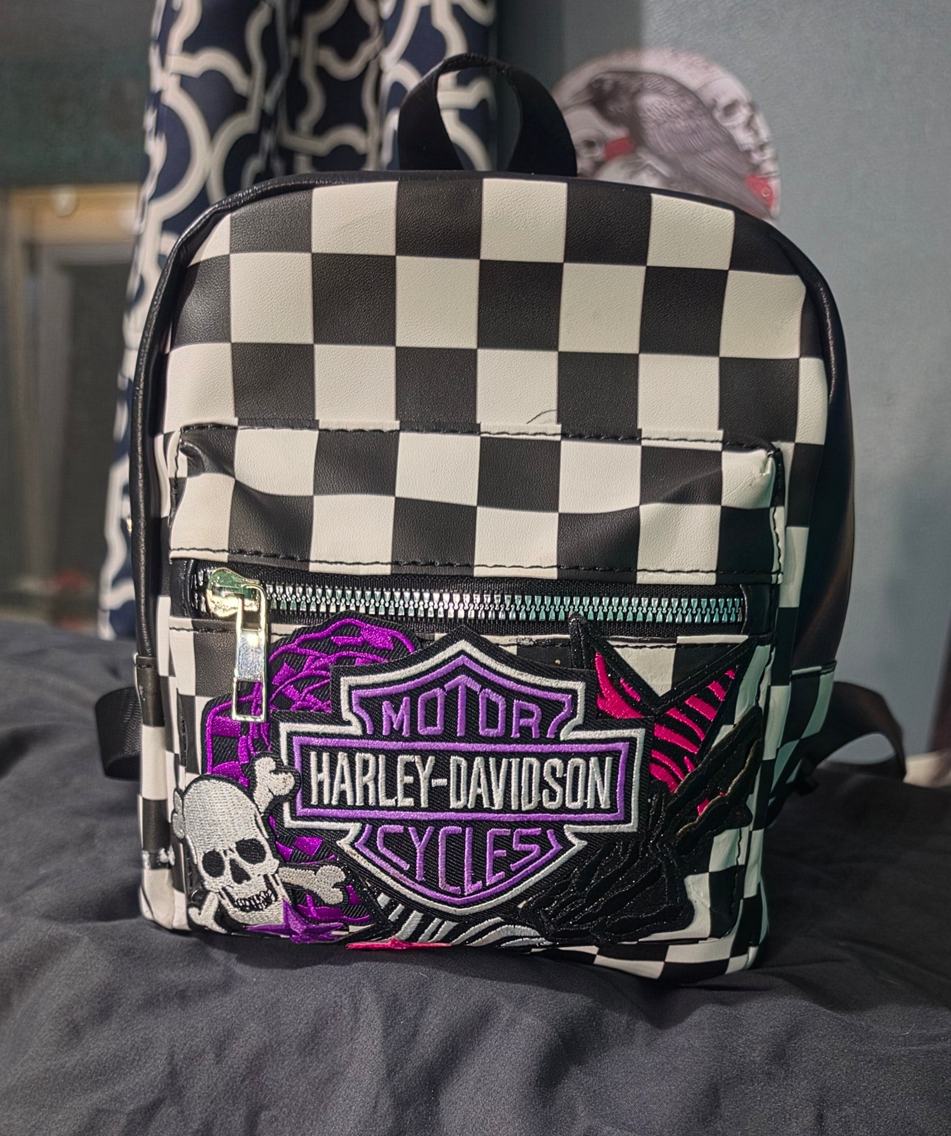 Black & White Checkered Mini Backpack Purse with Purple Embroidered Patch | Punk Rock Backpack | Alternative Style Backpack Purse | Handmade Statement Bag