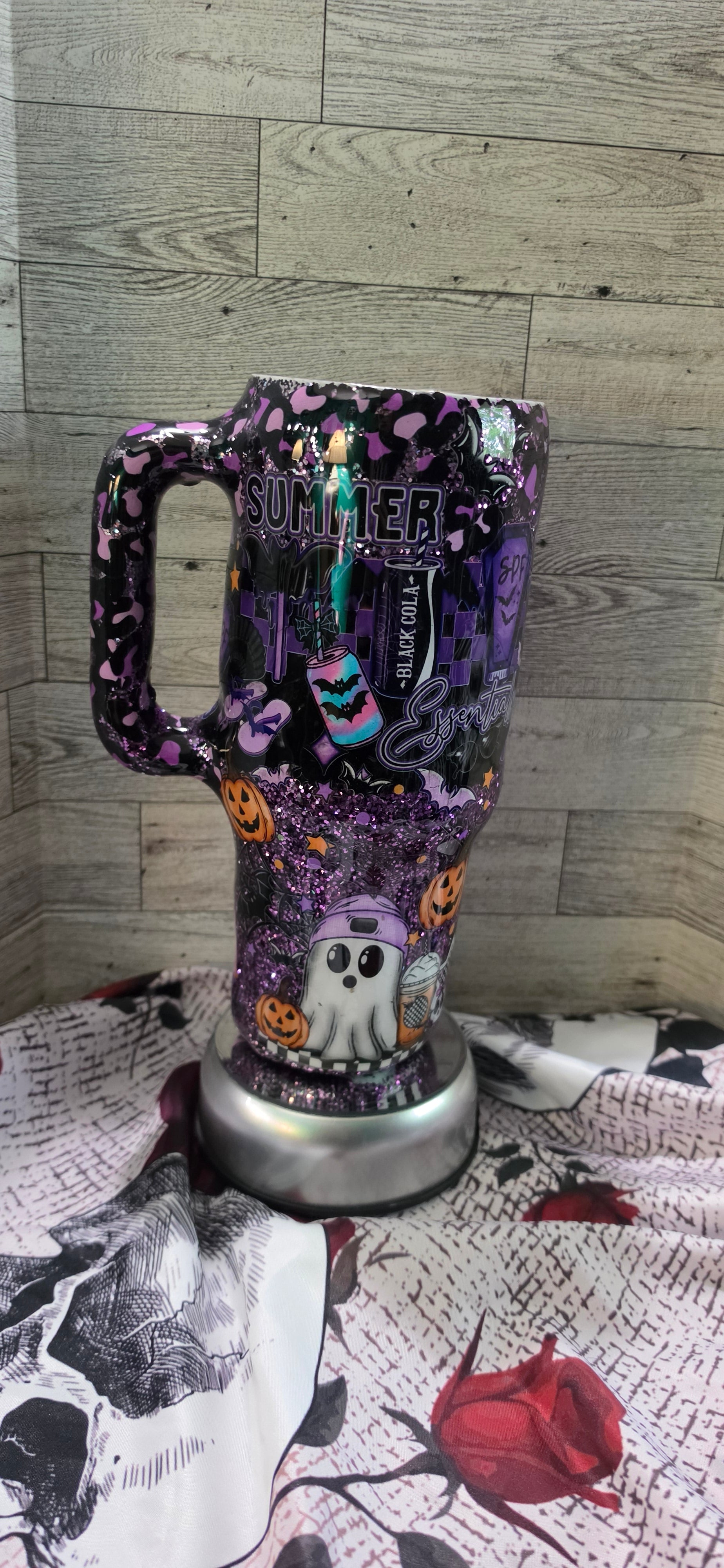 Spooky Summer 40oz Epoxy Tumbler with Handle – Purple & Black Halloween Glitter Cup