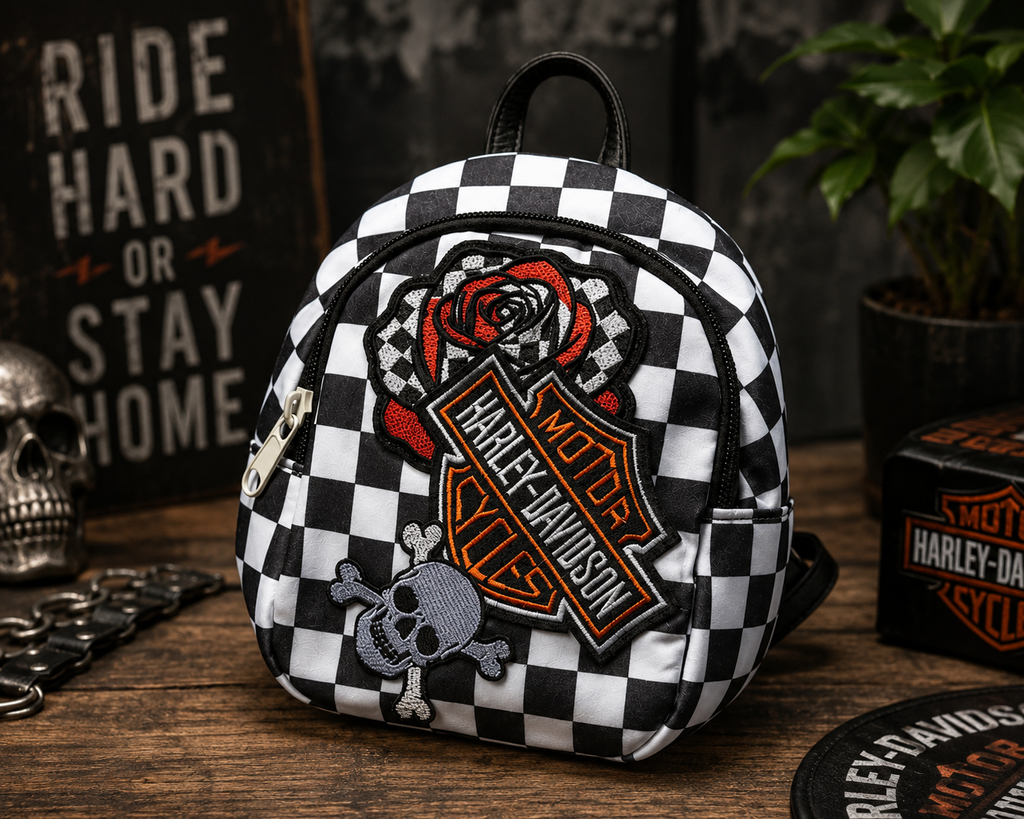 Black & White Checkered Mini Backpack with Orange HD Patch