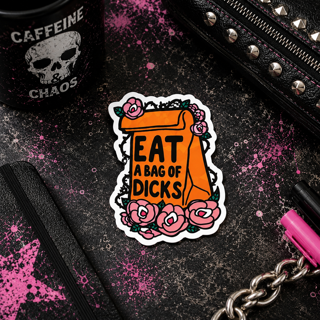 Eat a Bag of Dicks Floral Vinyl Sticker | Funny Sarcastic Sticker | Waterproof Adult Humor Decal | Cute Petty Laptop, Water Bottle & Car Sticker