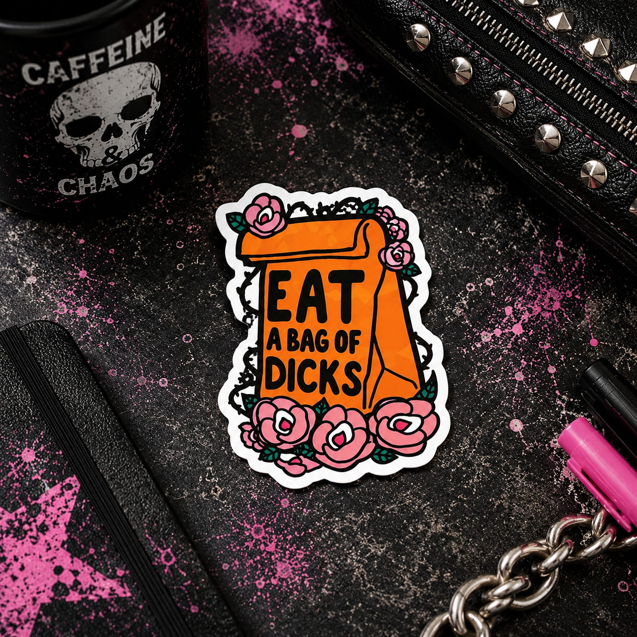 Eat a Bag of Dicks Floral Vinyl Sticker | Funny Sarcastic Sticker | Waterproof Adult Humor Decal | Cute Petty Laptop, Water Bottle & Car Sticker