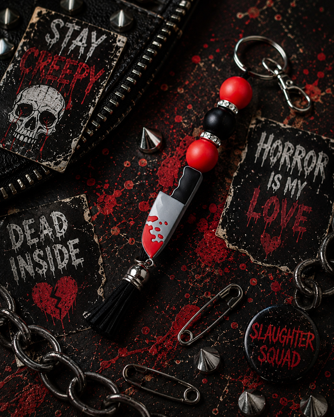 Red & Black Horror Lovers Bloody Knife Keychain | Creepy Cute Slasher Bag Charm