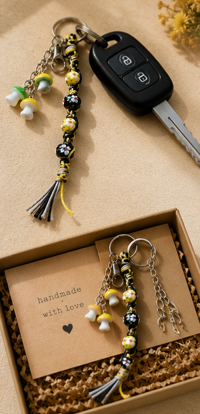 Mushroom Hemp Keychain | Boho Flower Beaded Keychain | Cottagecore Bag Charm | Handmade Glass Bead Keyring | Nature Lover Gift