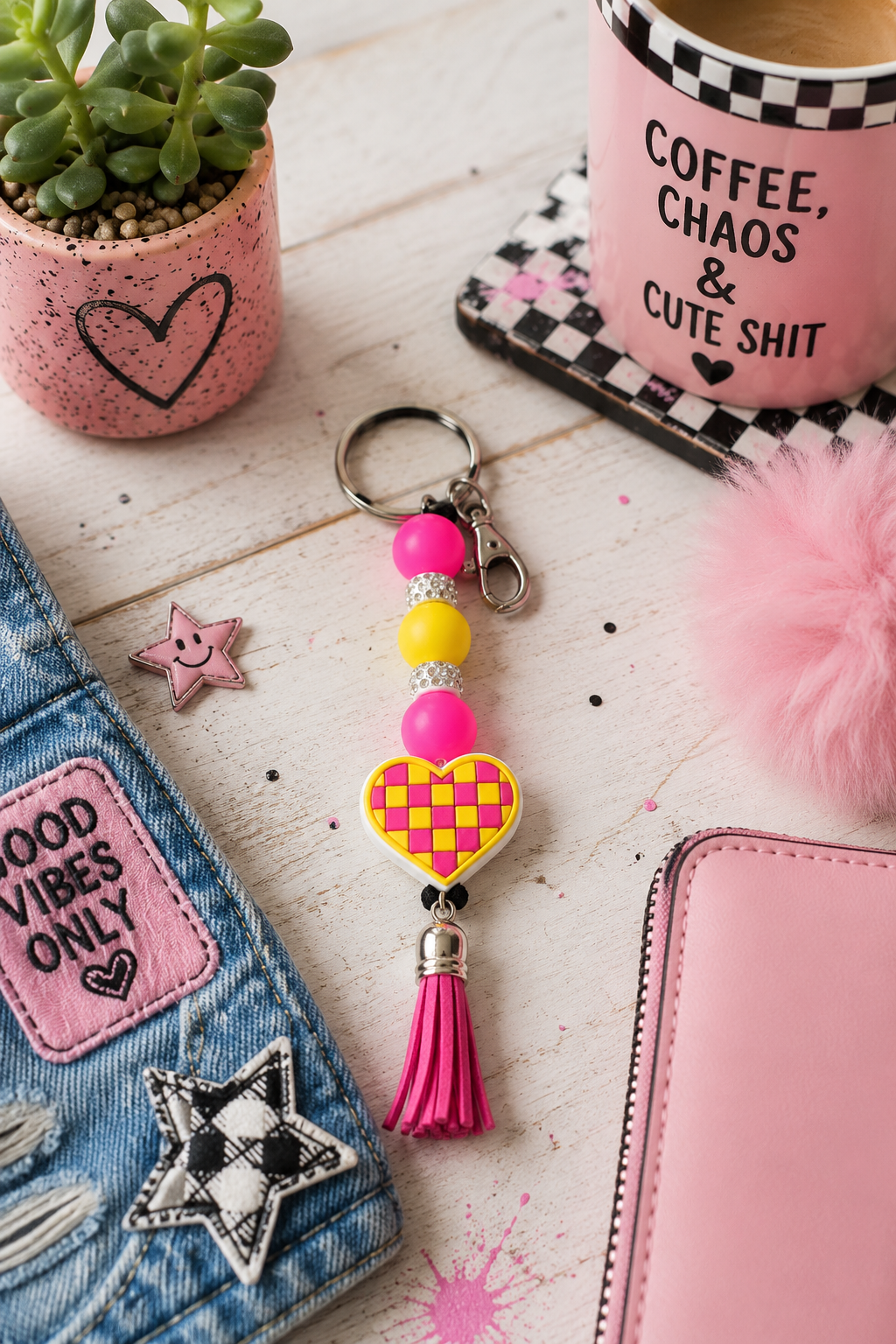 Checkered Heart Beaded Keychain | Handmade Retro Keychain | Cute Backpack & Purse Charm Gift