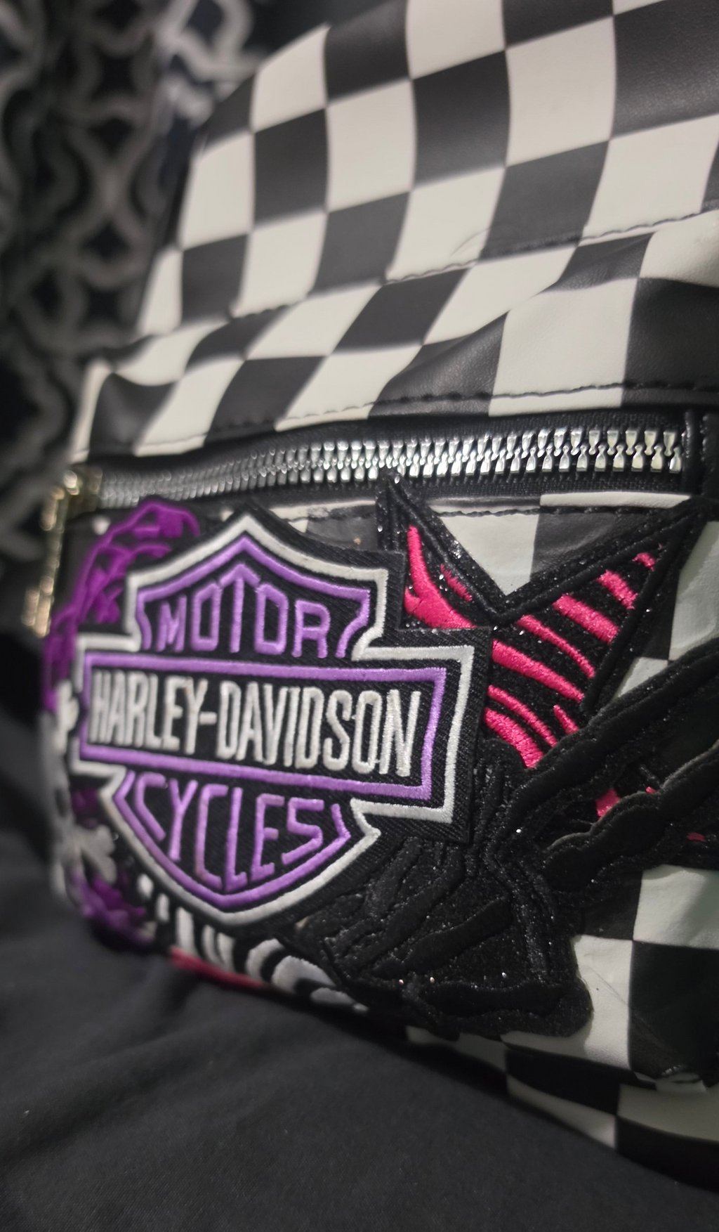 Black & White Checkered Mini Backpack Purse with Purple Embroidered Patch | Punk Rock Backpack | Alternative Style Backpack Purse | Handmade Statement Bag