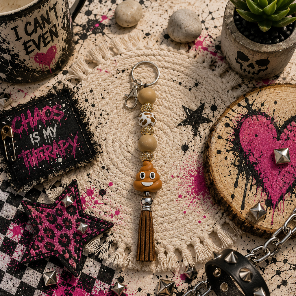 Funny Poop Emoji Gift Set | Handmade Beaded Keychain, Pen & Sticker | Hempin Mayhem