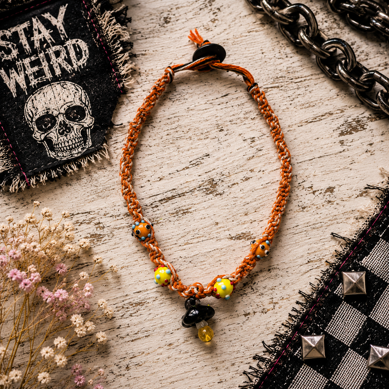 Handmade Orange Hemp Necklace with Glass Mushroom Pendant | Boho Hemp Cord Necklace | Cottagecore Jewelry | Nature Lover Gift | Festival Necklace