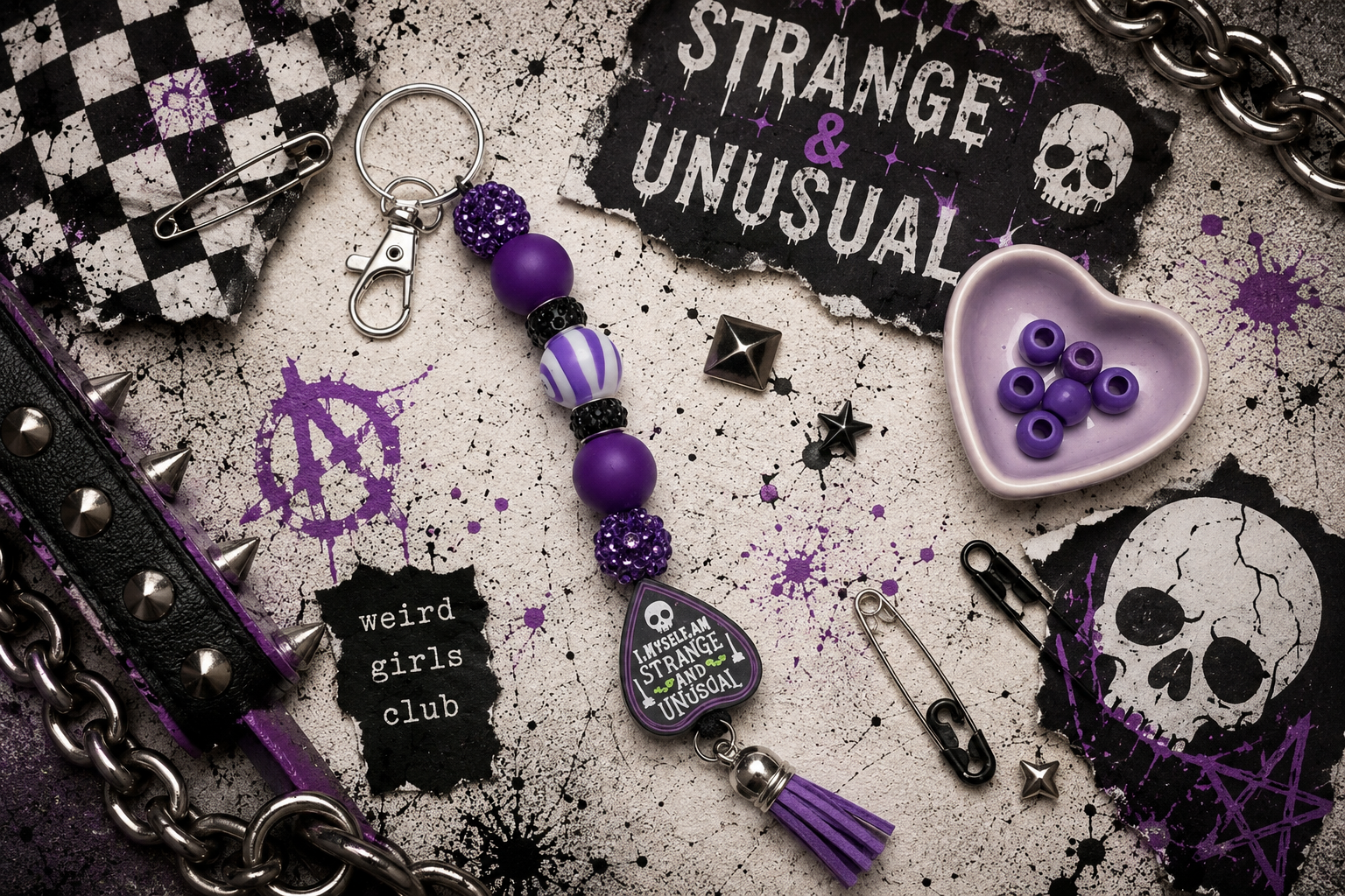 Strange & Unusual Gothic Beaded Keychain | Ouija Planchette Charm | Spooky Keychain | Goth Gift | Creepy Cute Accessory