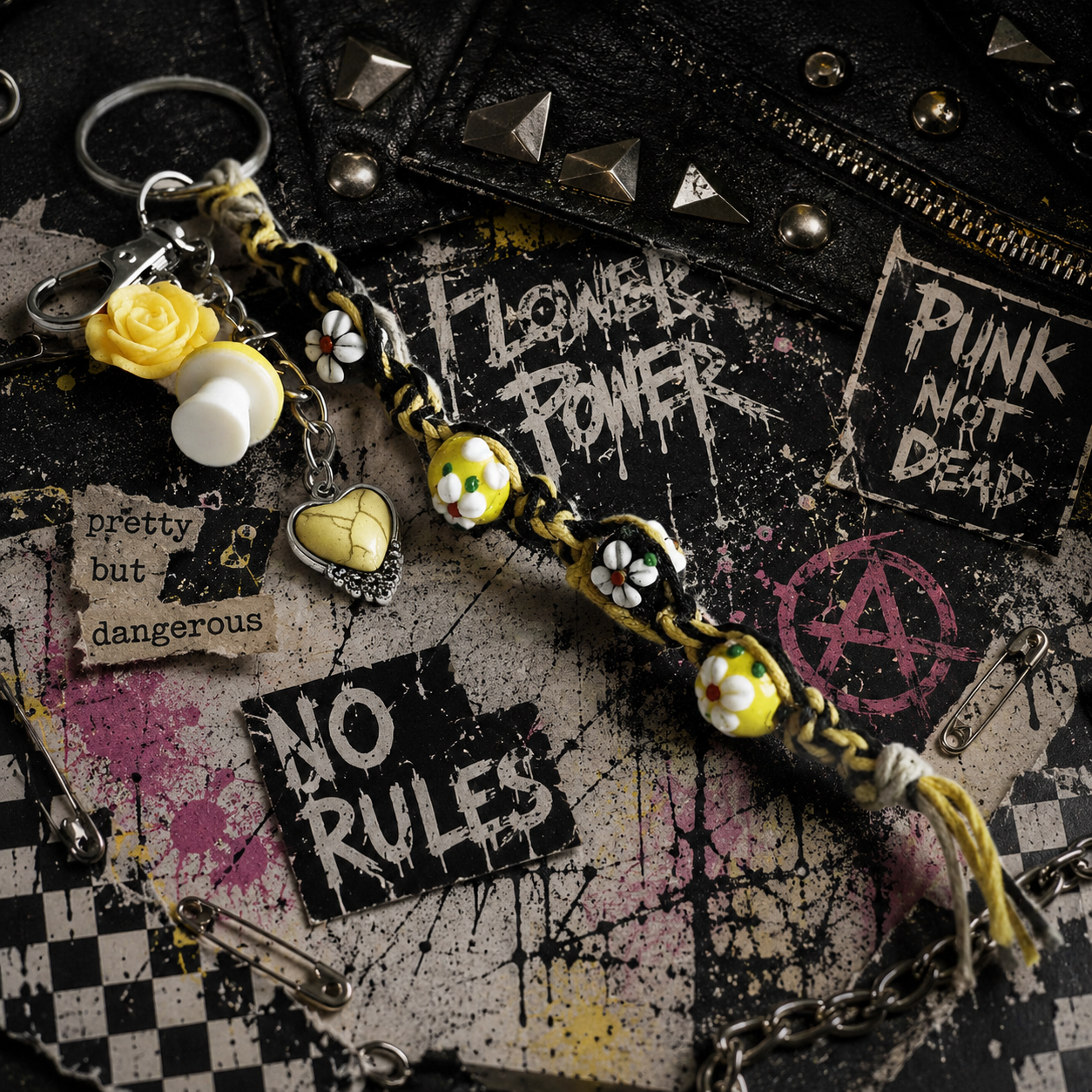 Yellow & White Hemp Keychain with Flower Beads & Mushroom Charms | Cottagecore Boho Bag Charm