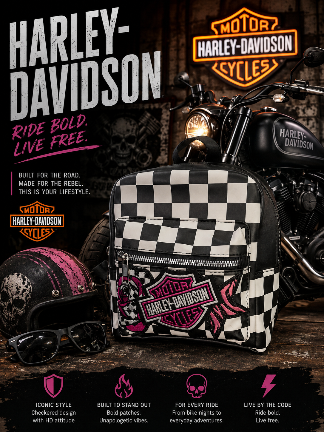 Pink Embroidered Patch Checkered Backpack Purse | Black & White Checkerboard Mini Backpack | Biker-Inspired Bag | Punk Rock Backpack Purse | Alternative Fashion Bag