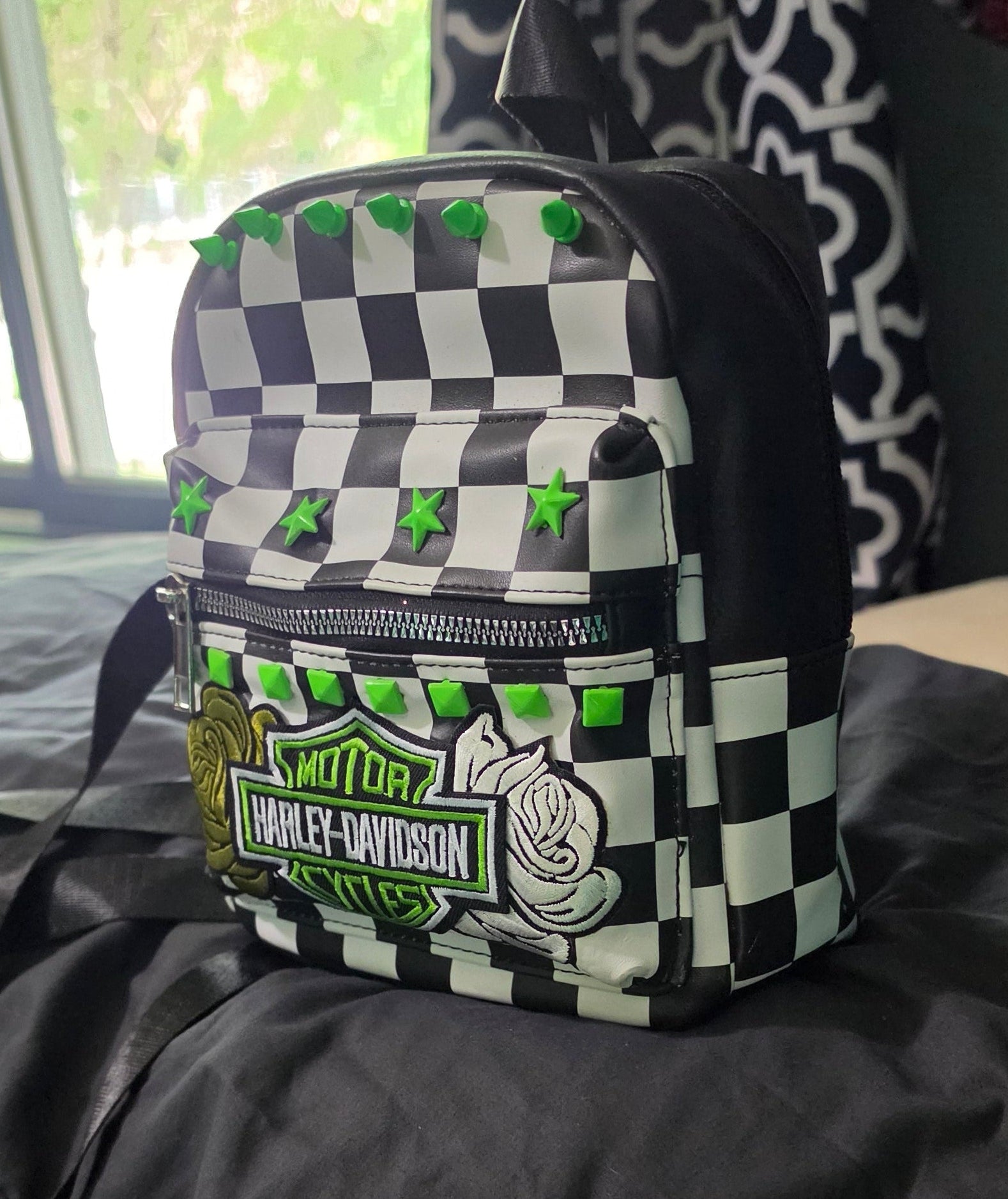 Neon Green Checkered Mini Backpack with Patch | Punk Rock Backpack | Studded Black & White Checker Bag | Alternative Goth Mini Backpack | Handmade Backpack