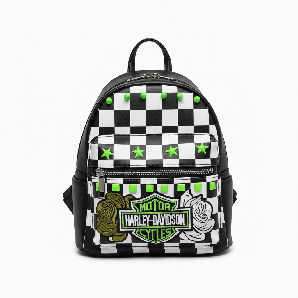 Neon Green Checkered Mini Backpack with Patch | Punk Rock Backpack | Studded Black & White Checker Bag | Alternative Goth Mini Backpack | Handmade Backpack