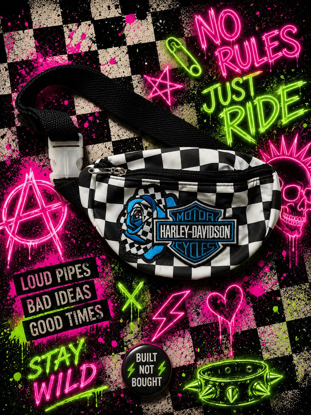 Blue & Black Checkered Bum Bag with Embroidered Motorcycle-Inspired Patch | Adjustable Waist Pack | Festival Bag | Crossbody Fanny Pack | Alternative Style