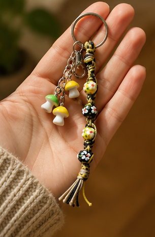 Mushroom Hemp Keychain | Boho Flower Beaded Keychain | Cottagecore Bag Charm | Handmade Glass Bead Keyring | Nature Lover Gift
