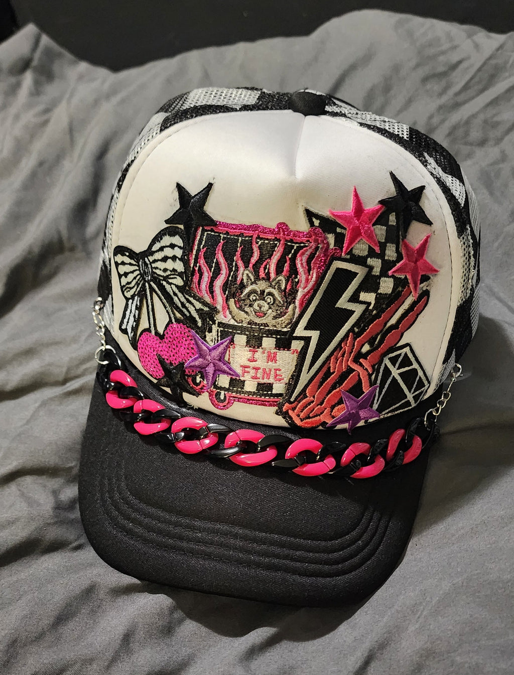 I’m Fine Raccoon Trucker Hat – Black & White Checkered Snapback, Funny Emo Streetwear Cap, Gothic Grunge Alternative Hat