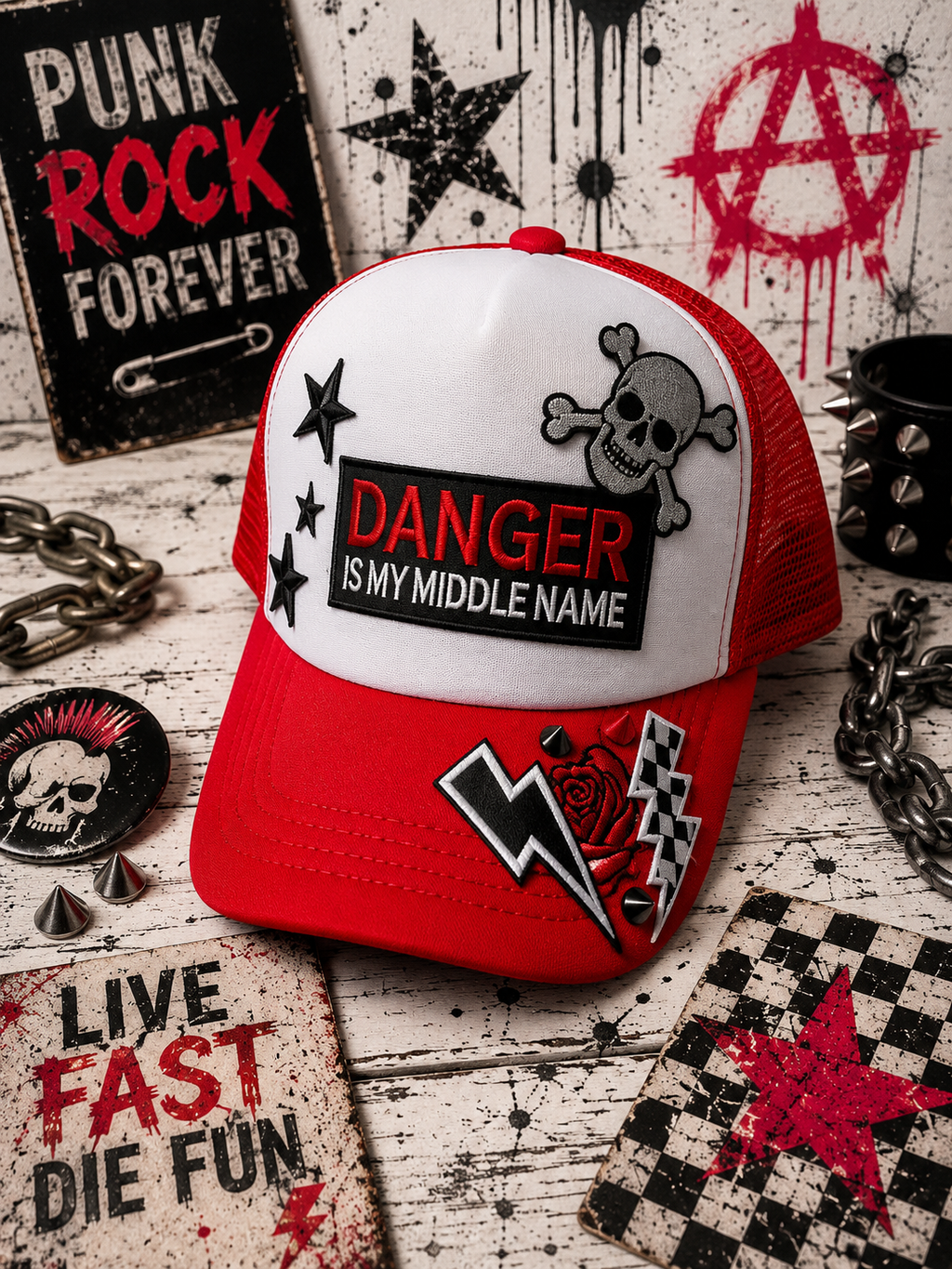 Danger Is My Middle Name Trucker Hat – Red & White Patch Snapback, Edgy Graphic Trucker Cap, Retro Western Biker Hat