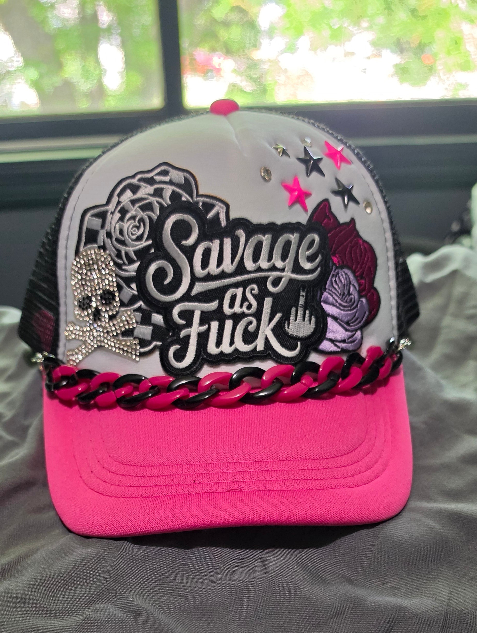 Savage As F*** Trucker Hat – Pink Black & White Snapback with Hat Chain, Sassy Patch Hat, Edgy Biker Babe Cap