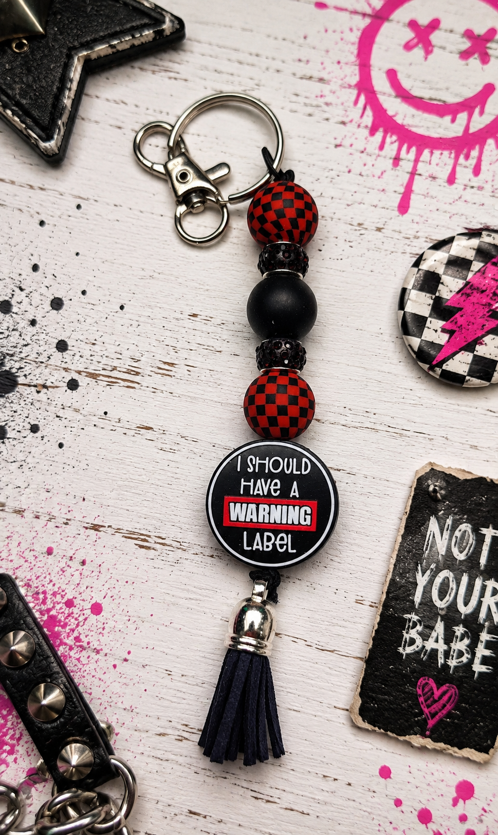 Should Have a Warning Label Beaded Keychain | Funny Keychain | Snarky Gift | Handmade Tassel Keychain | Bag Charm | Purse Accessory