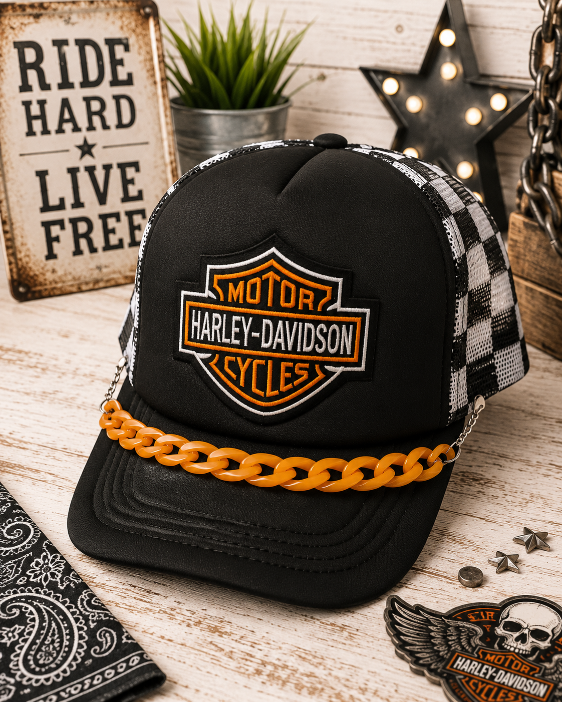 HD Checkered Trucker Hat – Black & White Snapback with Orange Hat Chain, Edgy Biker Hat, Western Streetwear Cap