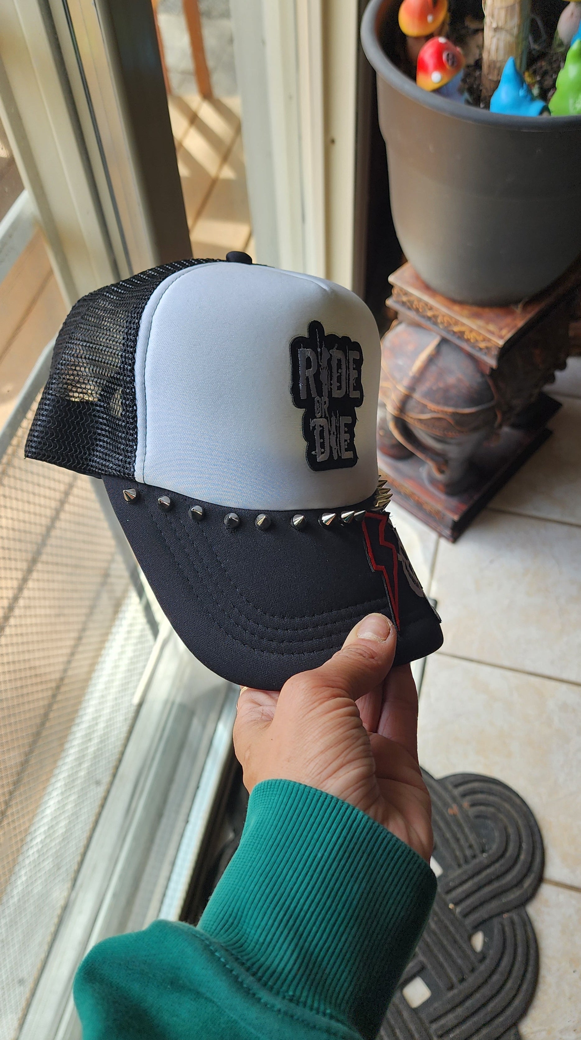 Ride or Die Trucker Hat – Black & White Studded Patch Hat, Edgy Snapback Cap, Biker Western Graphic Trucker Hat