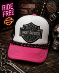 Pink Black & White Checkered Trucker Hat with Hat Chain – Edgy Snapback Cap, Biker Inspired Streetwear Hat