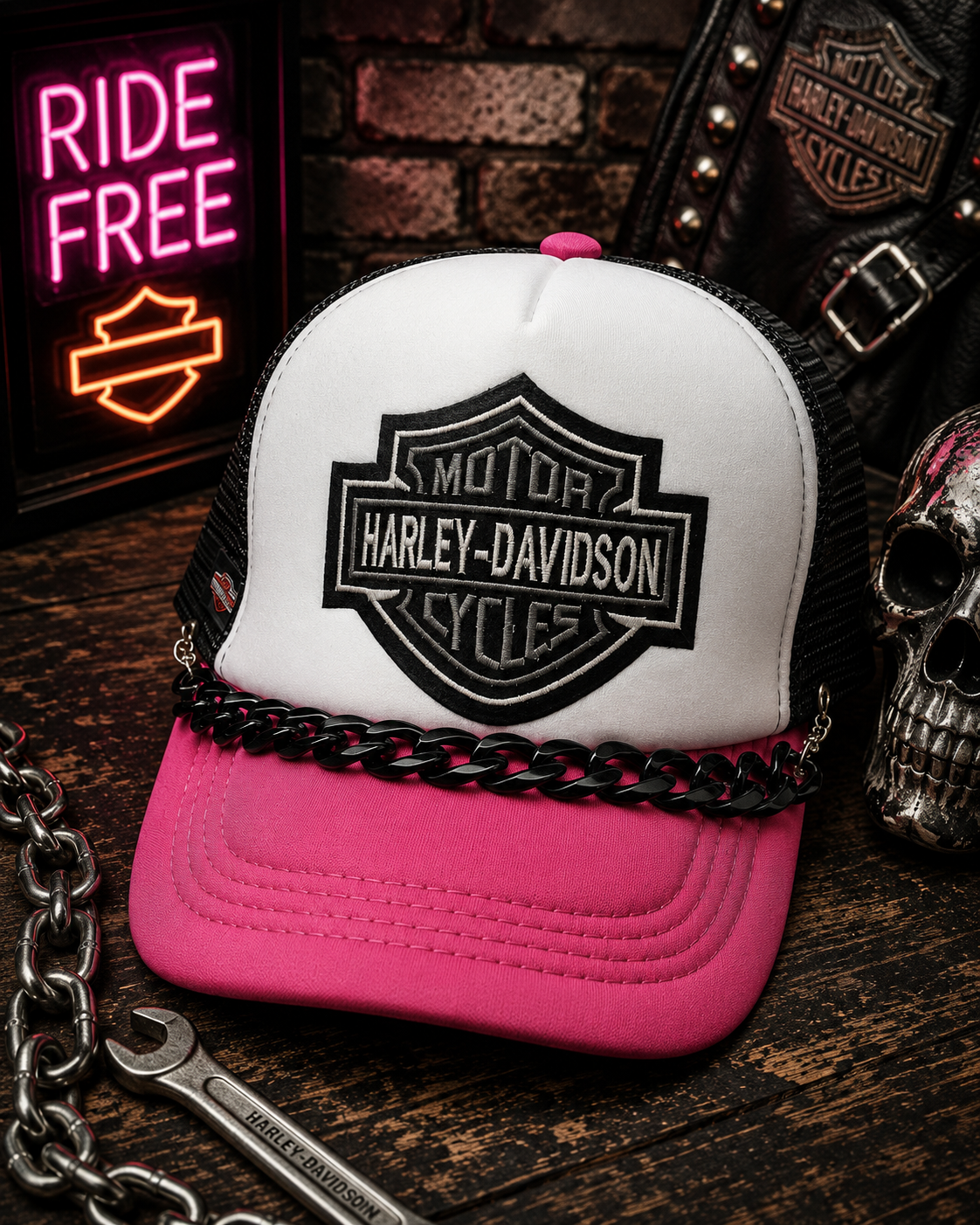 Pink Black & White Checkered Trucker Hat with Hat Chain – Edgy Snapback Cap, Biker Inspired Streetwear Hat