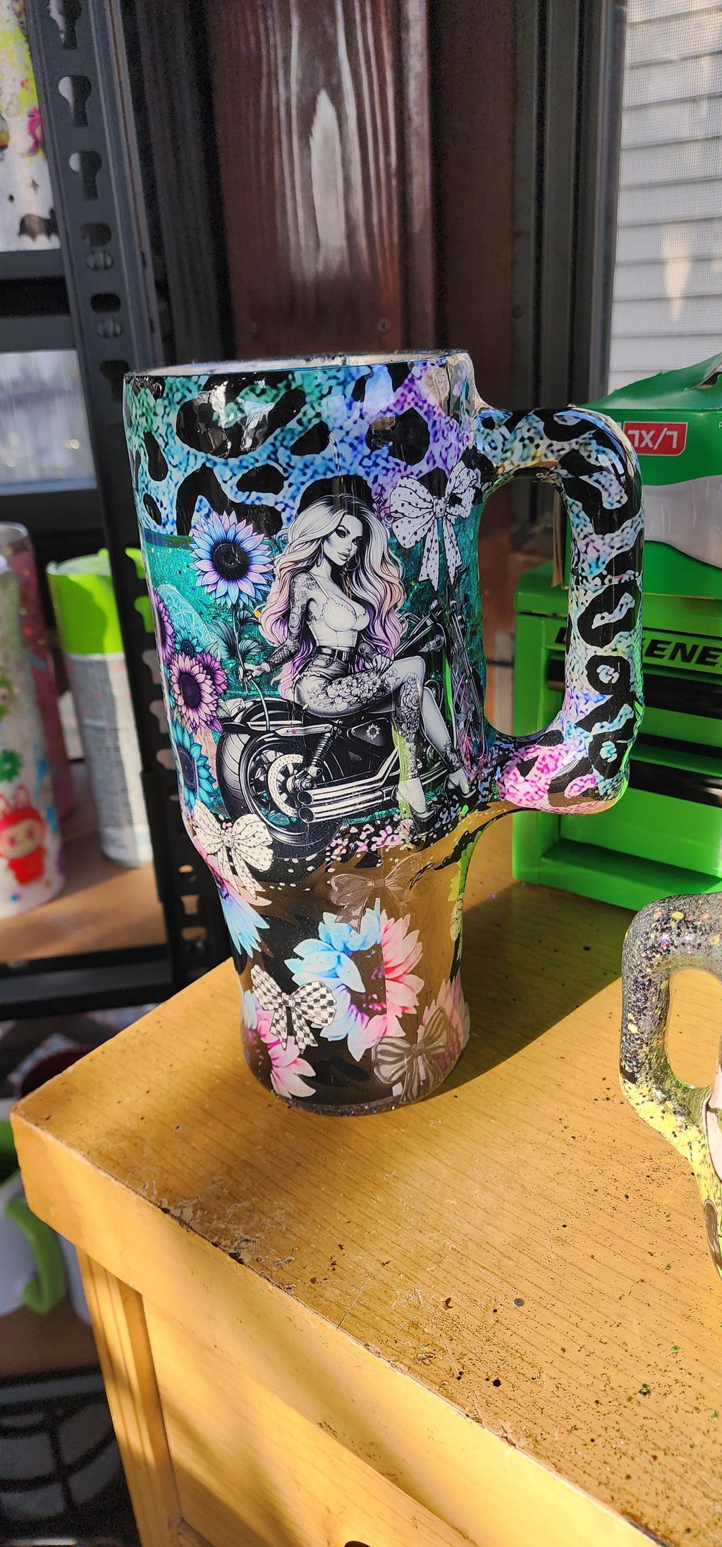 Stronger Than the Storm 40oz Sunflower Tumbler – Turquoise Glitter Epoxy Cup, Inspirational Stainless Steel Handle Tumbler