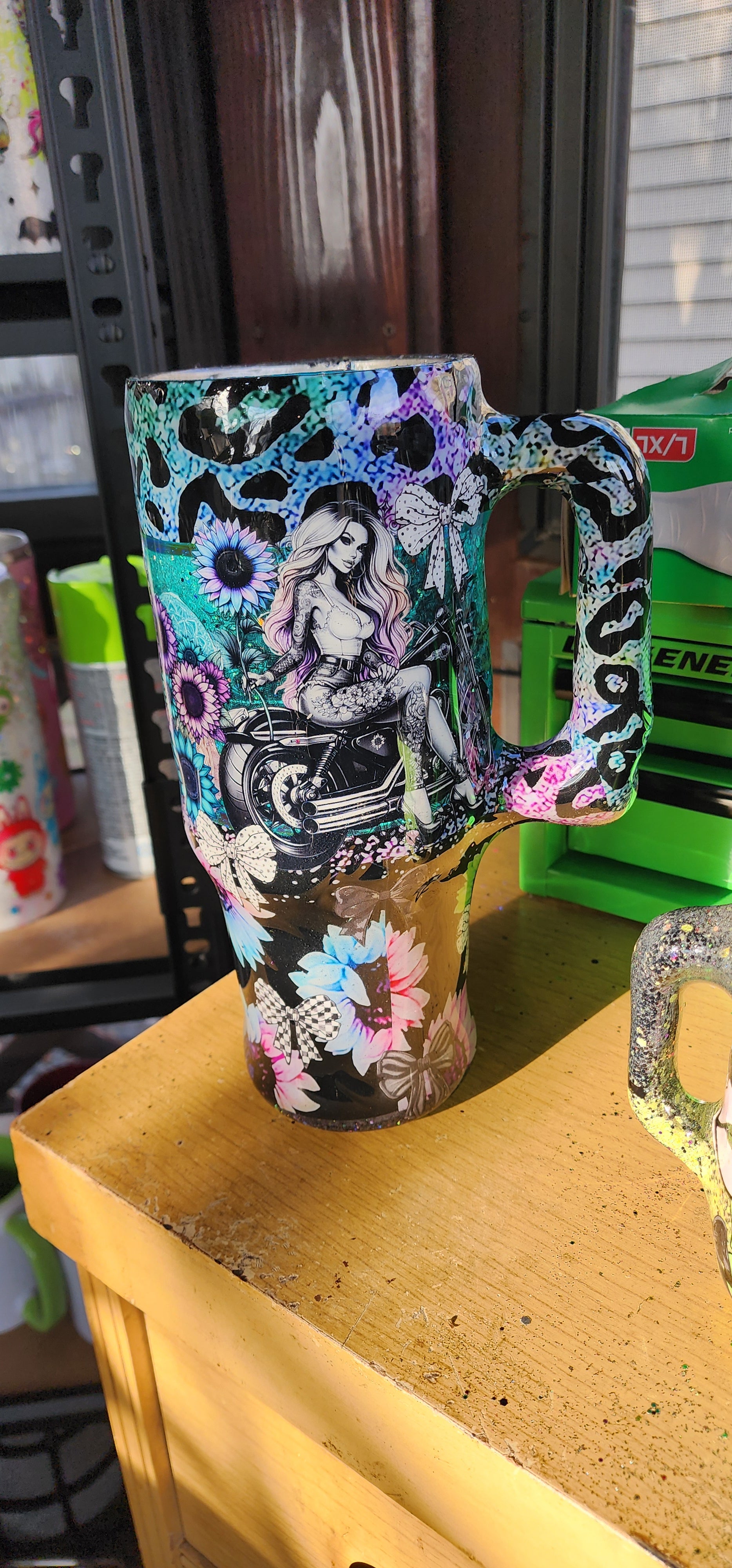 Stronger Than the Storm 40oz Sunflower Tumbler – Turquoise Glitter Epoxy Cup, Inspirational Stainless Steel Handle Tumbler