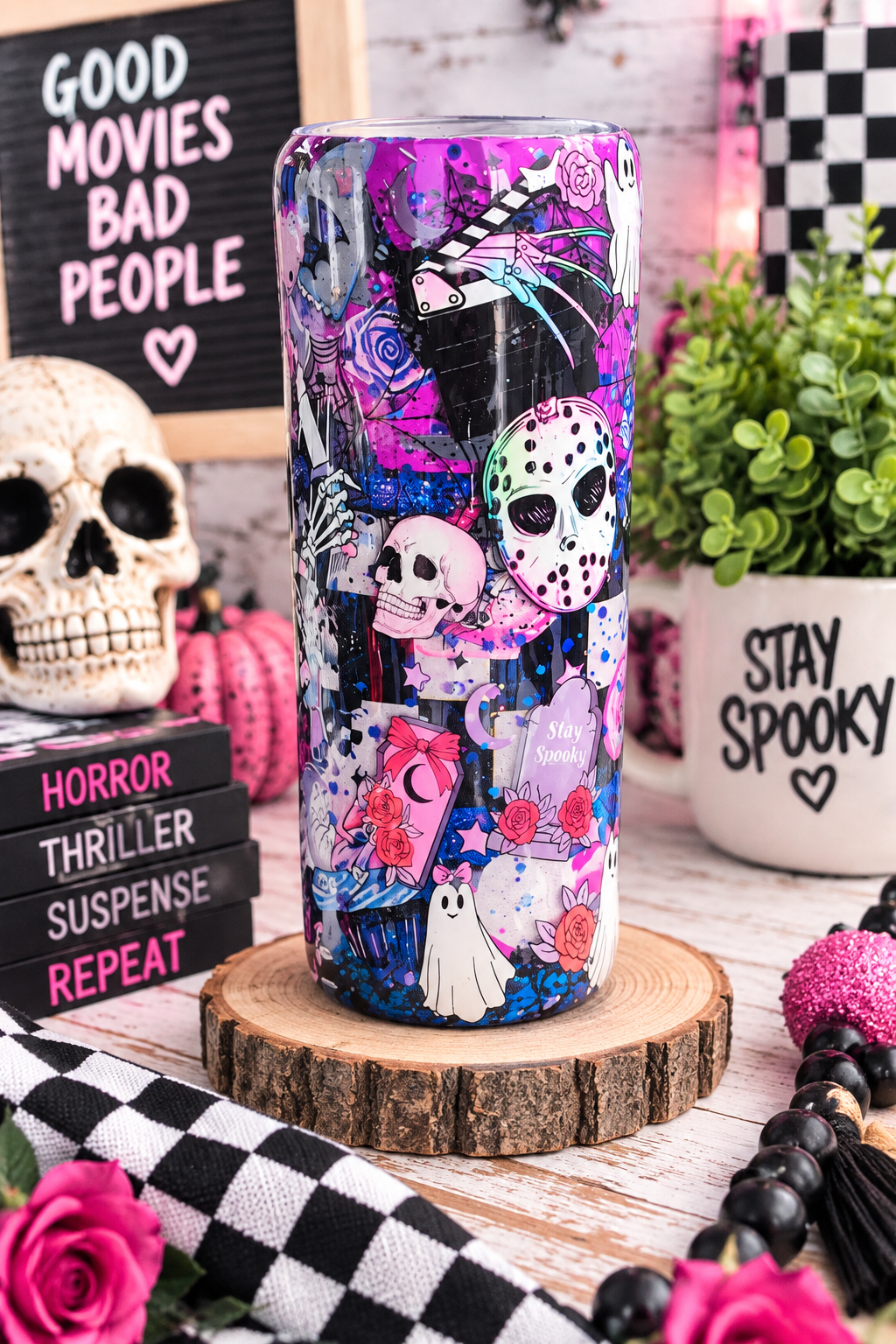 Horror Movies & Chill Tumbler – Handmade Glitter Epoxy Horror Movie Cup | Spooky Gothic Drinkware | Horror Lover Gift