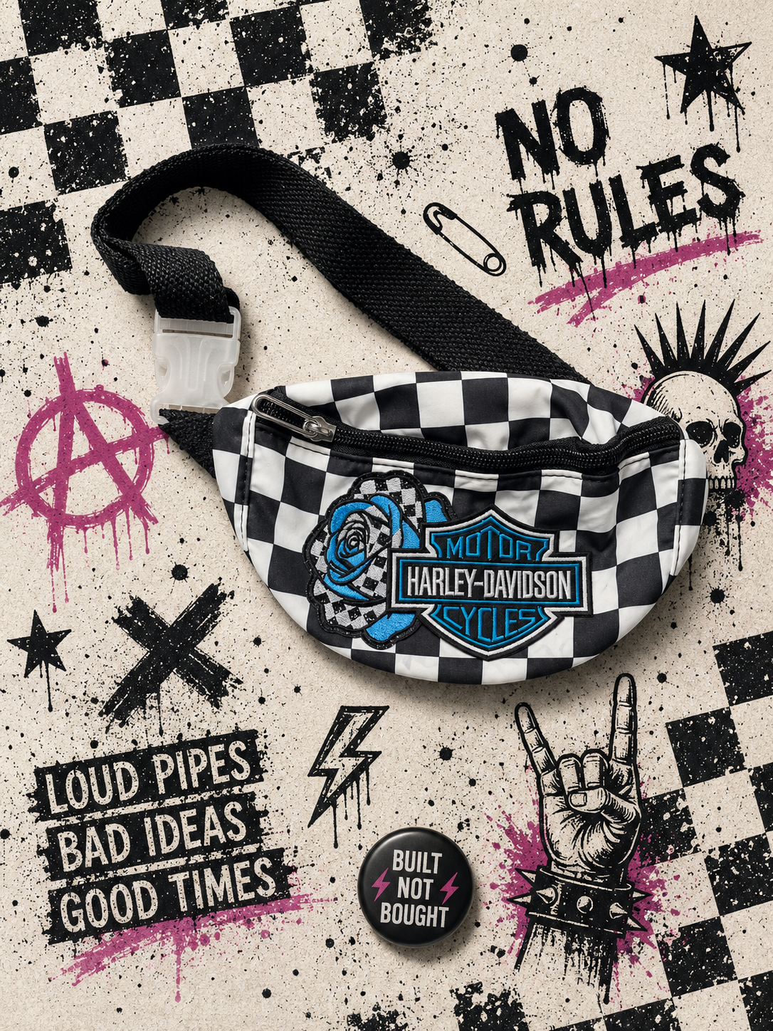Blue & Black Checkered Bum Bag with Embroidered Motorcycle-Inspired Patch | Adjustable Waist Pack | Festival Bag | Crossbody Fanny Pack | Alternative Style