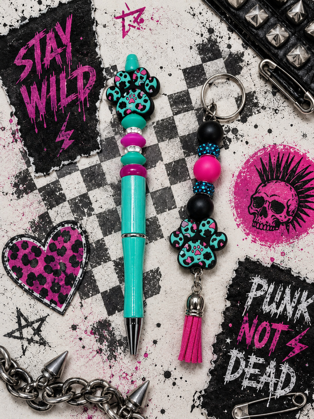 Leopard Paw Print Pen & Keychain Gift Set | Handmade Beaded Pen | Animal Print Office Gift | Cute Teacher Gift | Desk Accessories | Hempin Mayhem