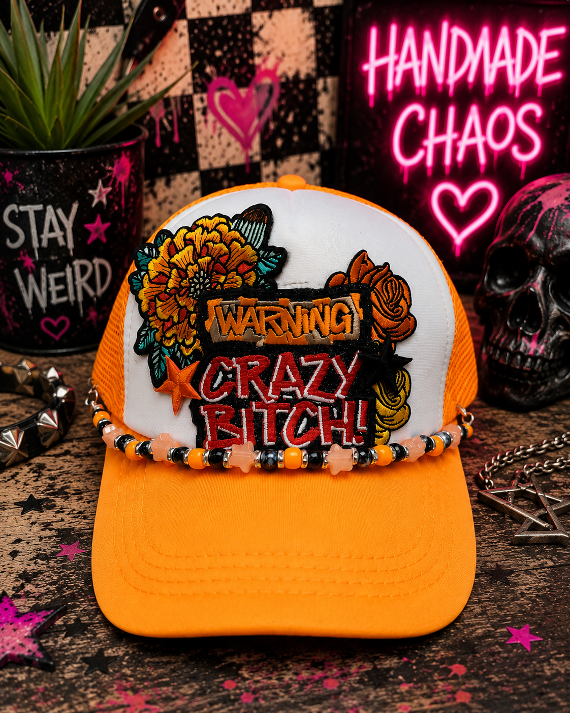 Warning Crazy Person Trucker Hat – Orange & White Snapback with Flower Patches, Funny Edgy Trucker Cap, Trendy Statement Hat