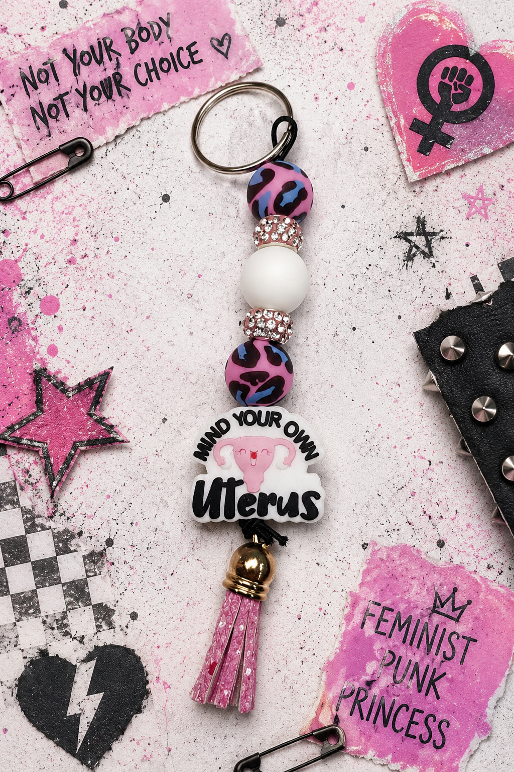 Mind Your Own Uterus Pink & White Beaded Keychain | Feminist Gift | Body Autonomy Accessory | Handmade Statement Keychain