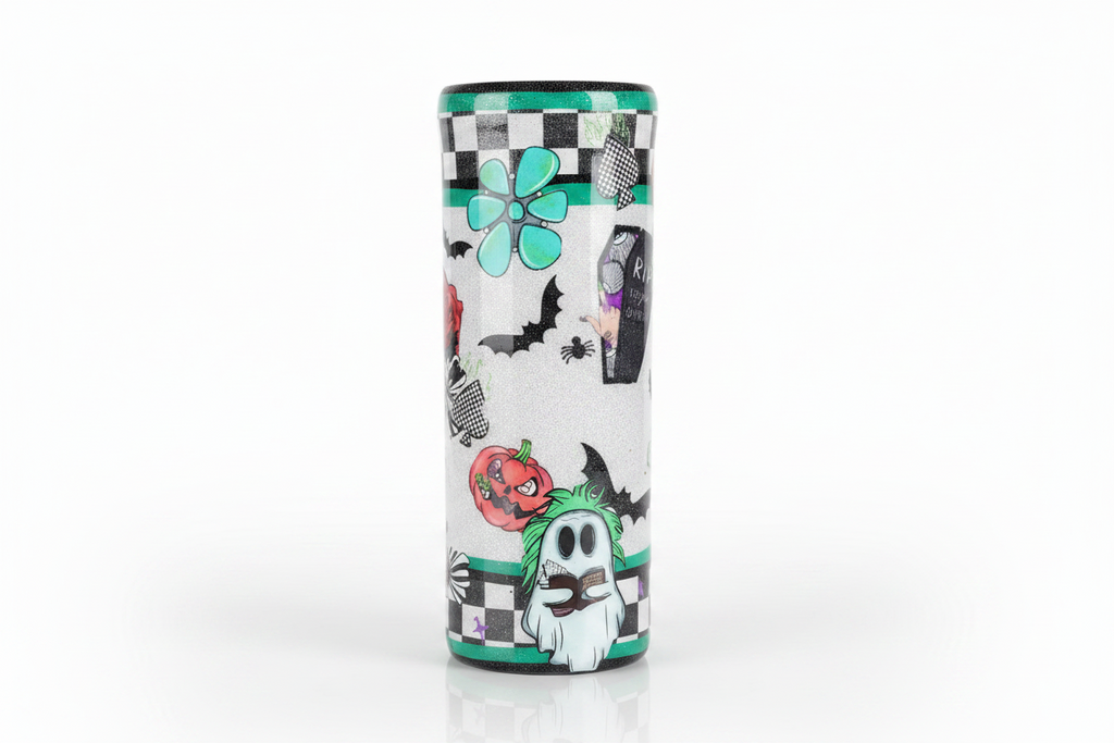 Cute Ghost Glitter Tumbler 20oz – Silver Sparkle Epoxy Cup – Spooky Cute Halloween Coffee Mug – Handmade Stainless Steel Travel Cup