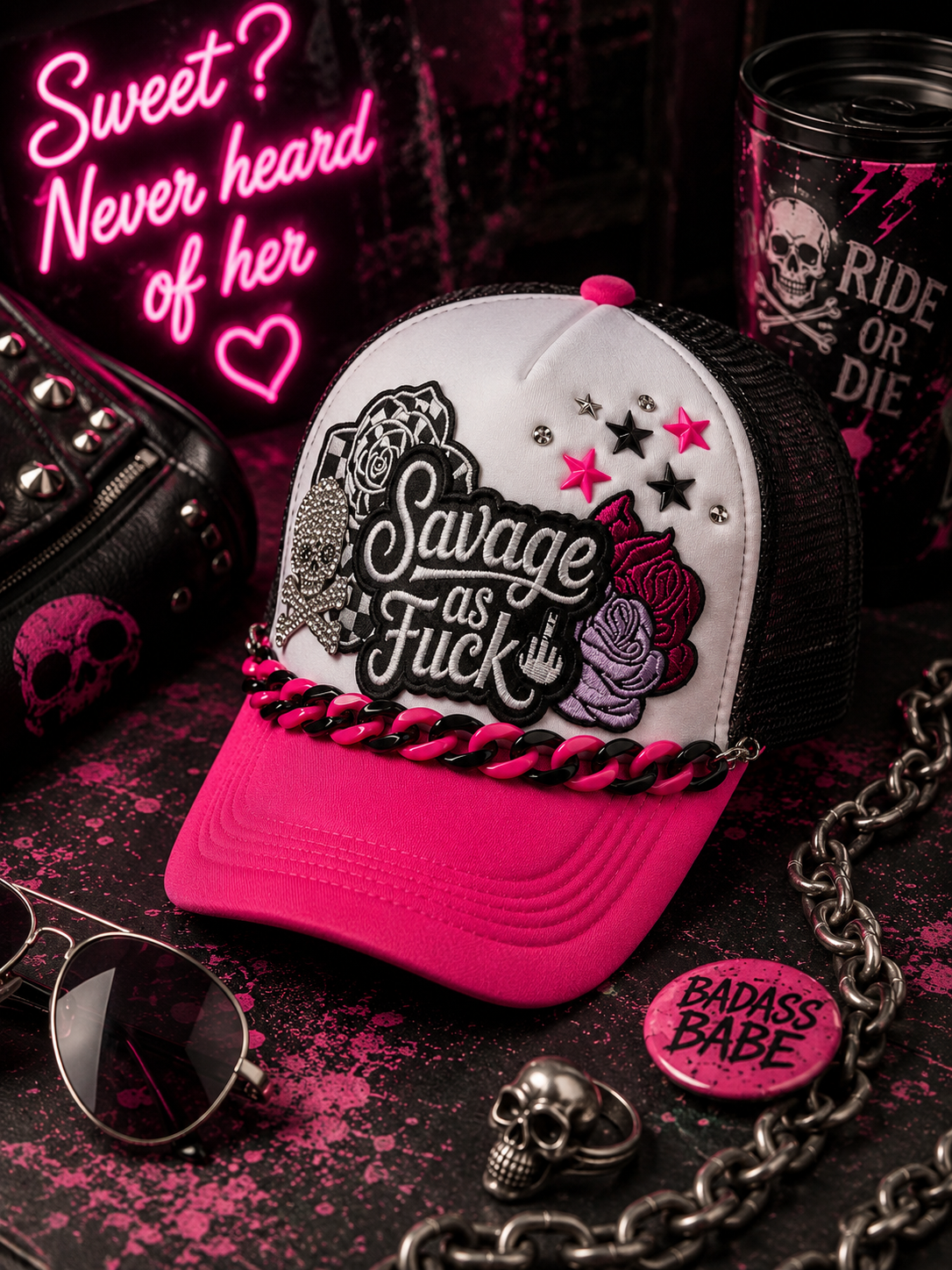 Savage As F*** Trucker Hat – Pink Black & White Snapback with Hat Chain, Sassy Patch Hat, Edgy Biker Babe Cap