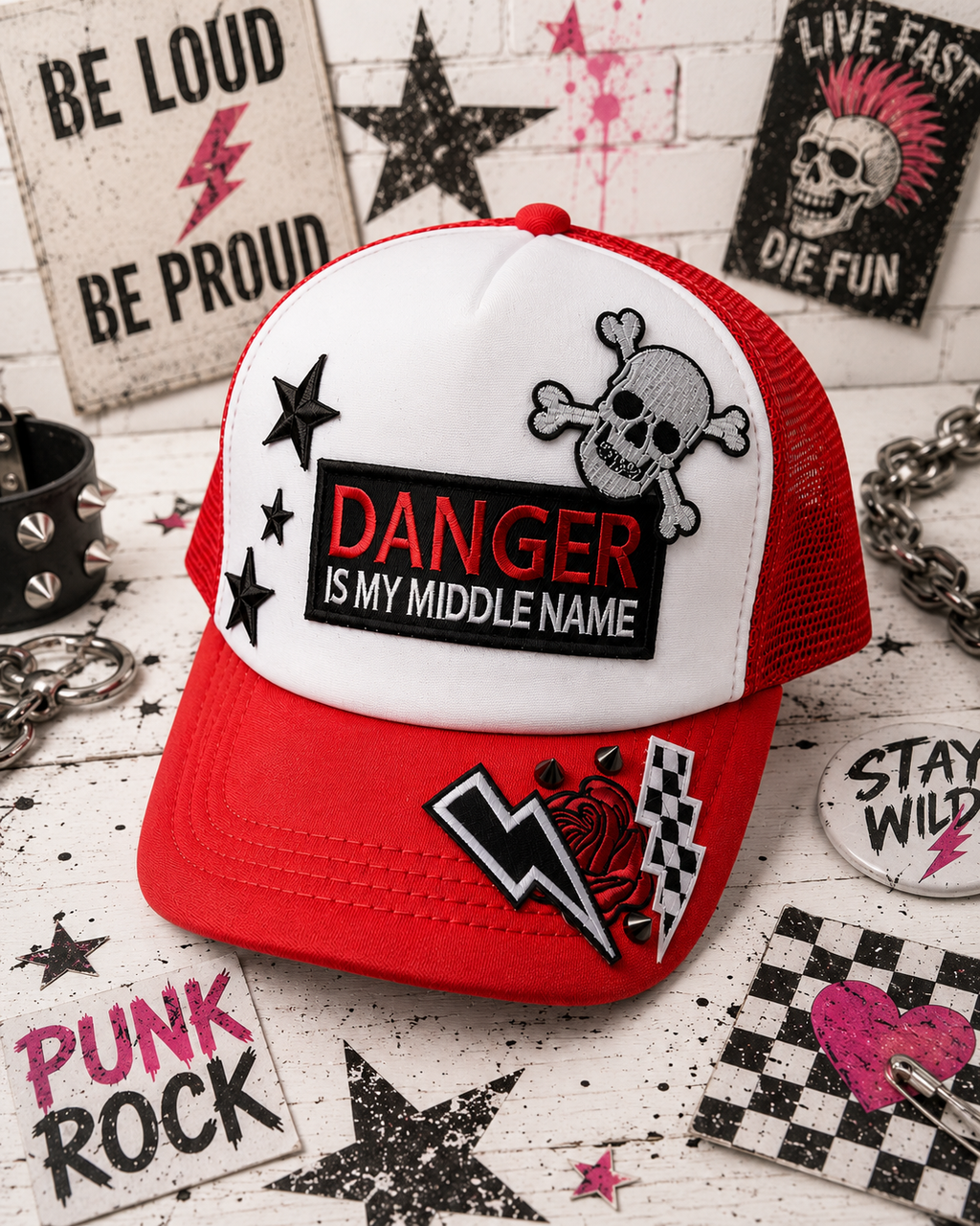 Danger Is My Middle Name Trucker Hat – Red & White Patch Snapback, Edgy Graphic Trucker Cap, Retro Western Biker Hat