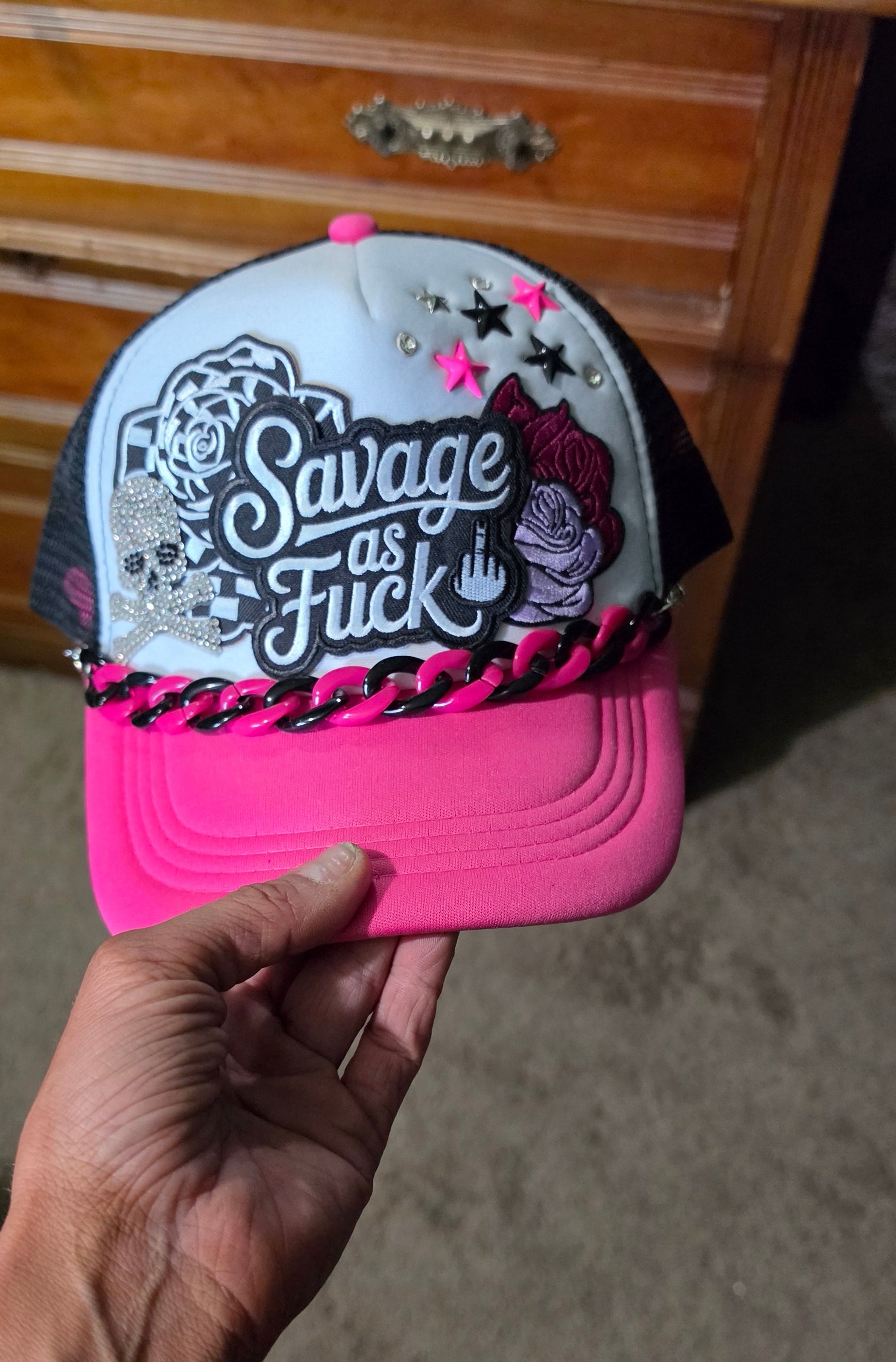 Savage As F*** Trucker Hat – Pink Black & White Snapback with Hat Chain, Sassy Patch Hat, Edgy Biker Babe Cap
