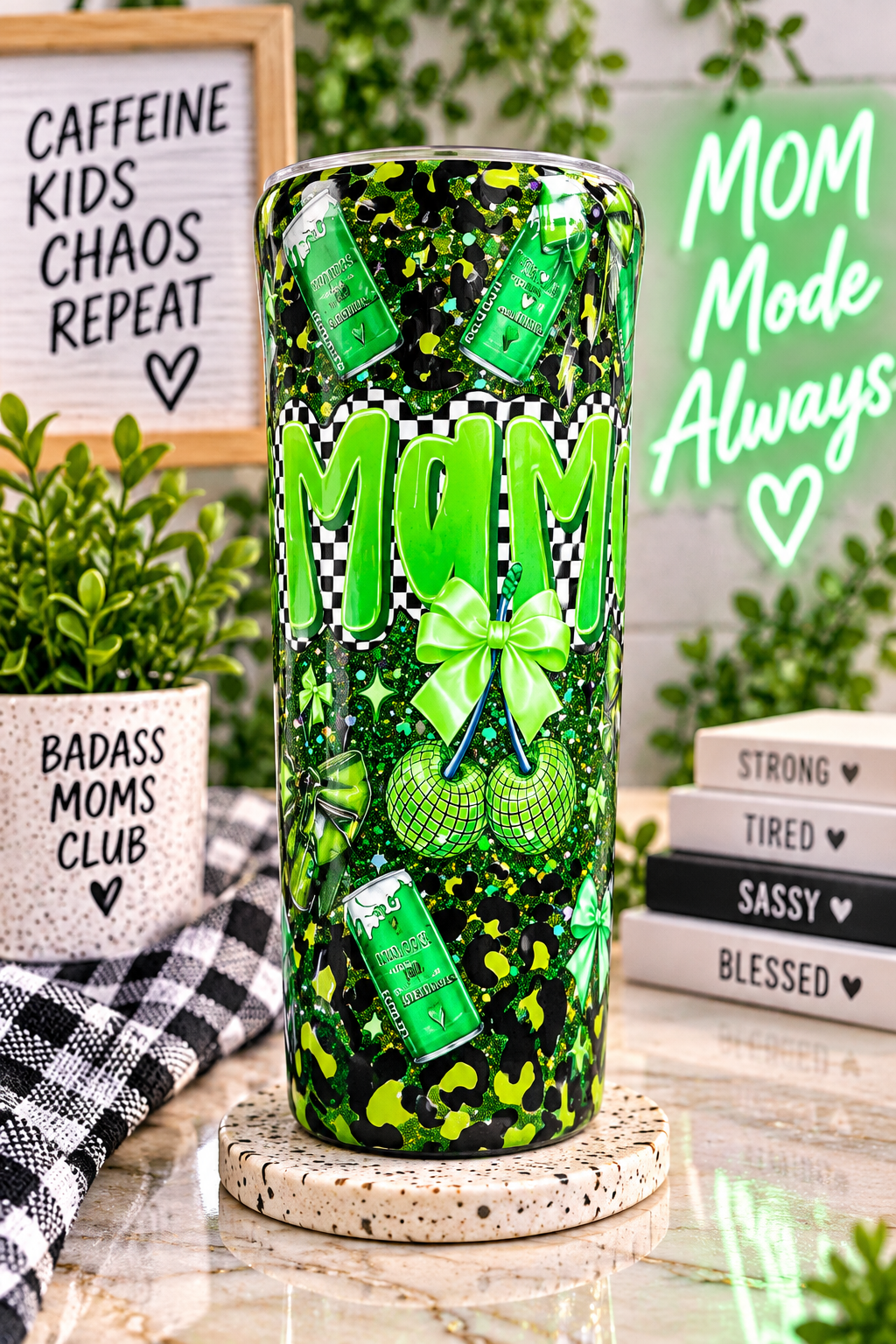 Green Glitter Mom Tumbler | Sassy Mama Cup | Lime Green & Black Checkered Tumbler | Cherry Bow Tumbler | Handmade 20oz Epoxy Cup