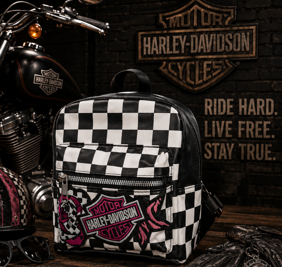 Pink Embroidered Patch Checkered Backpack Purse | Black & White Checkerboard Mini Backpack | Biker-Inspired Bag | Punk Rock Backpack Purse | Alternative Fashion Bag