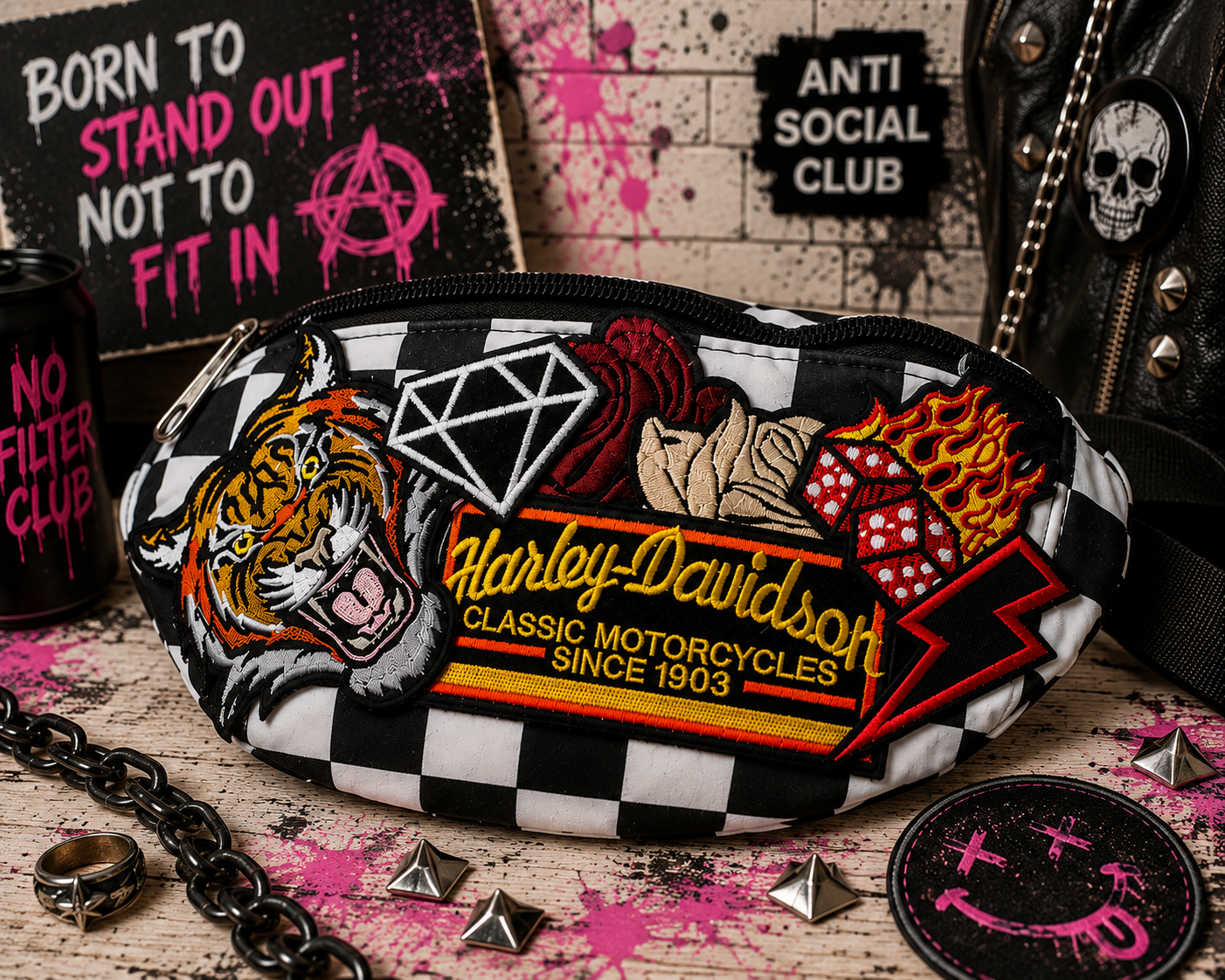 Handmade Checkered Crossbody Belt Bag | Alternative Patchwork Fanny Pack | Punk, Rockabilly & Biker Festival Bag | Hempin Mayhem