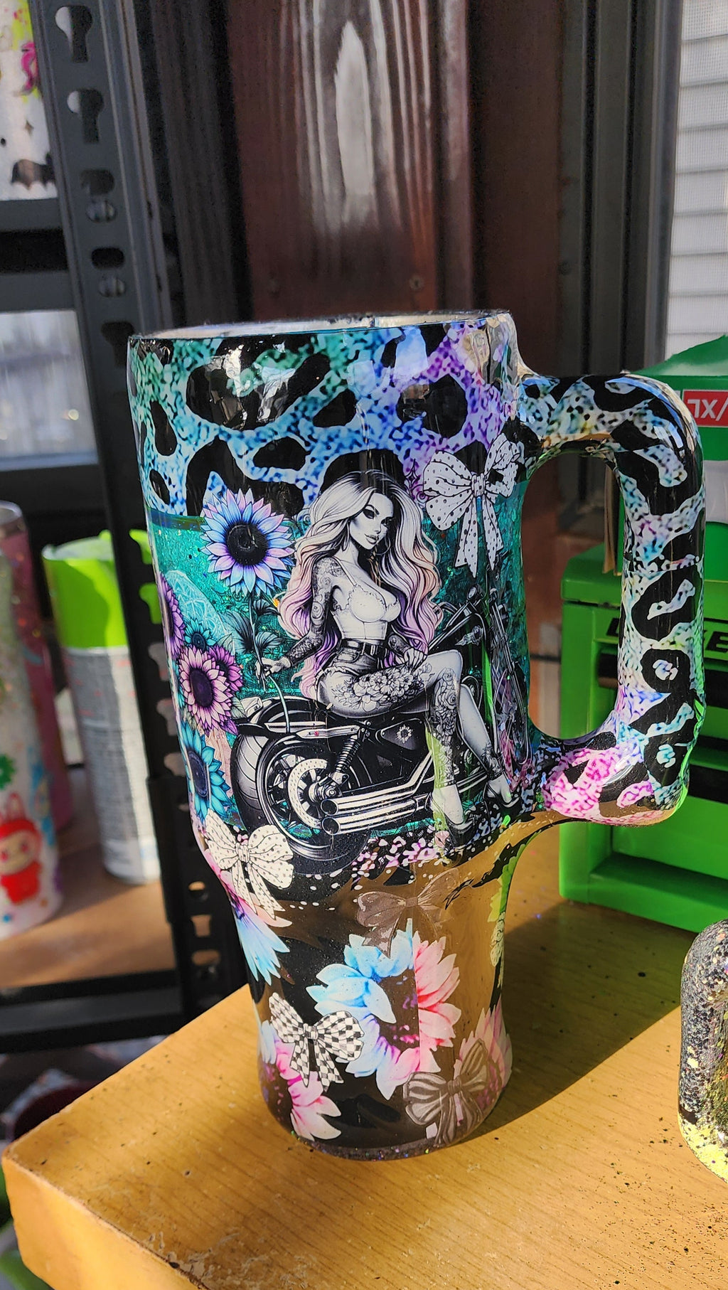 Stronger Than the Storm 40oz Sunflower Tumbler – Turquoise Glitter Epoxy Cup, Inspirational Stainless Steel Handle Tumbler