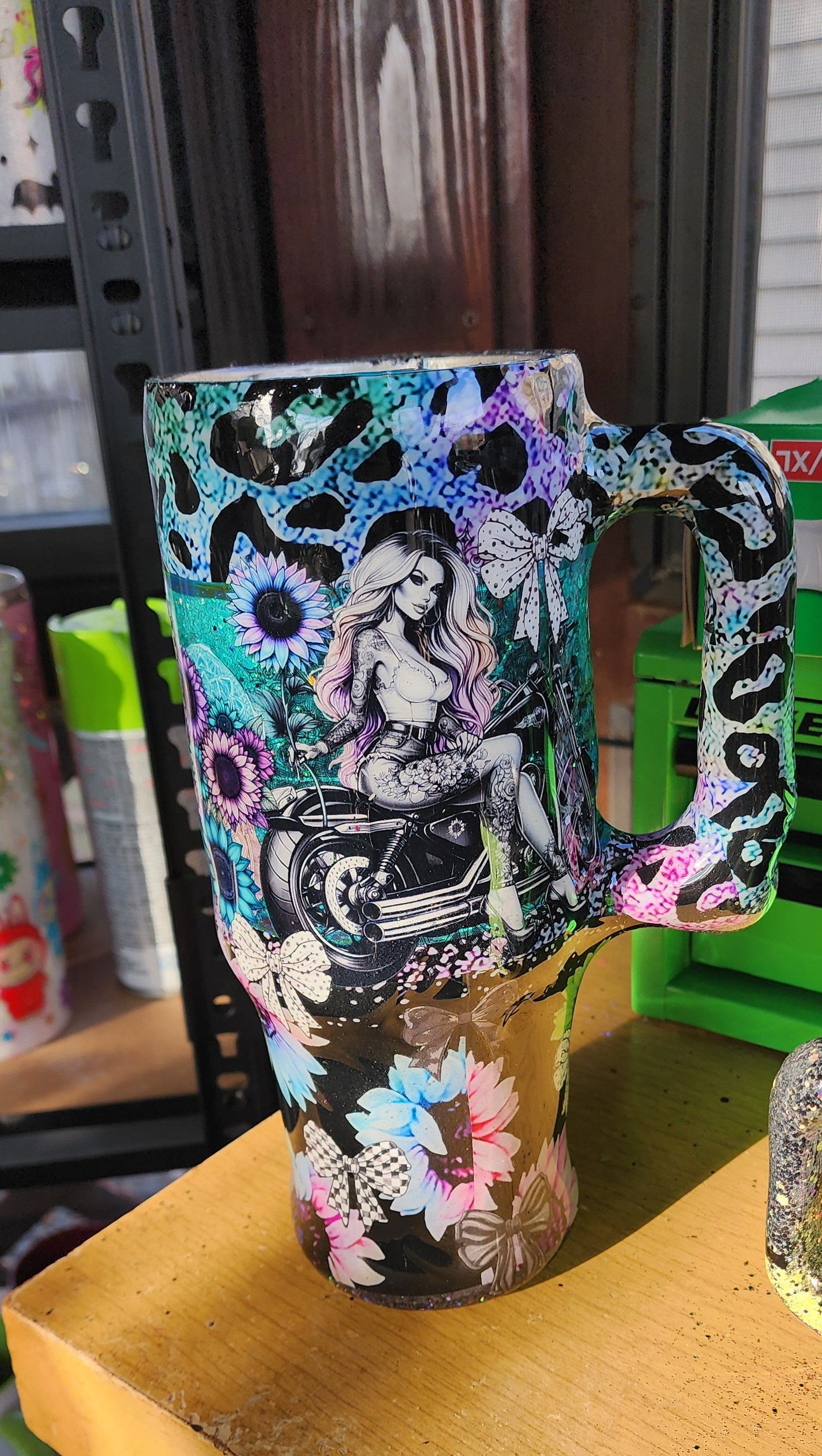 Stronger Than the Storm 40oz Sunflower Tumbler – Turquoise Glitter Epoxy Cup, Inspirational Stainless Steel Handle Tumbler