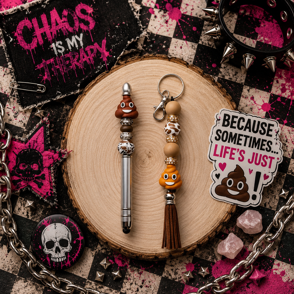 Funny Poop Emoji Gift Set | Handmade Beaded Keychain, Pen & Sticker | Hempin Mayhem
