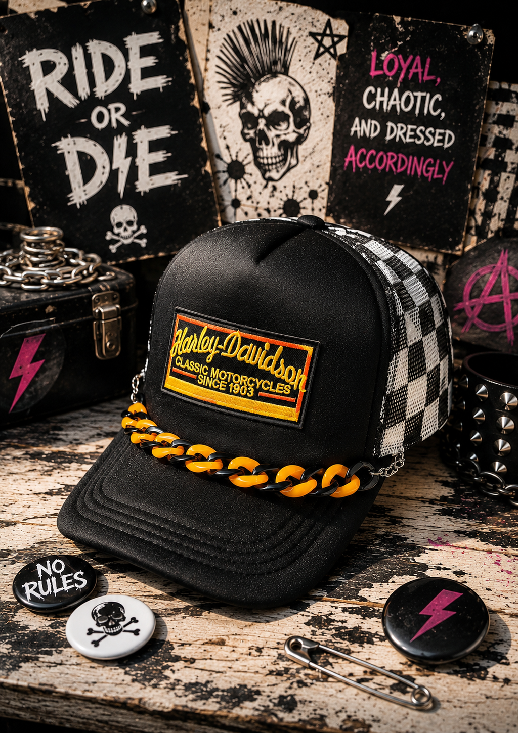 Biker Trucker Hat – Edgy Snapback Cap, Motorcycle Inspired Streetwear Hat, Checkered Western Style Mesh Hat