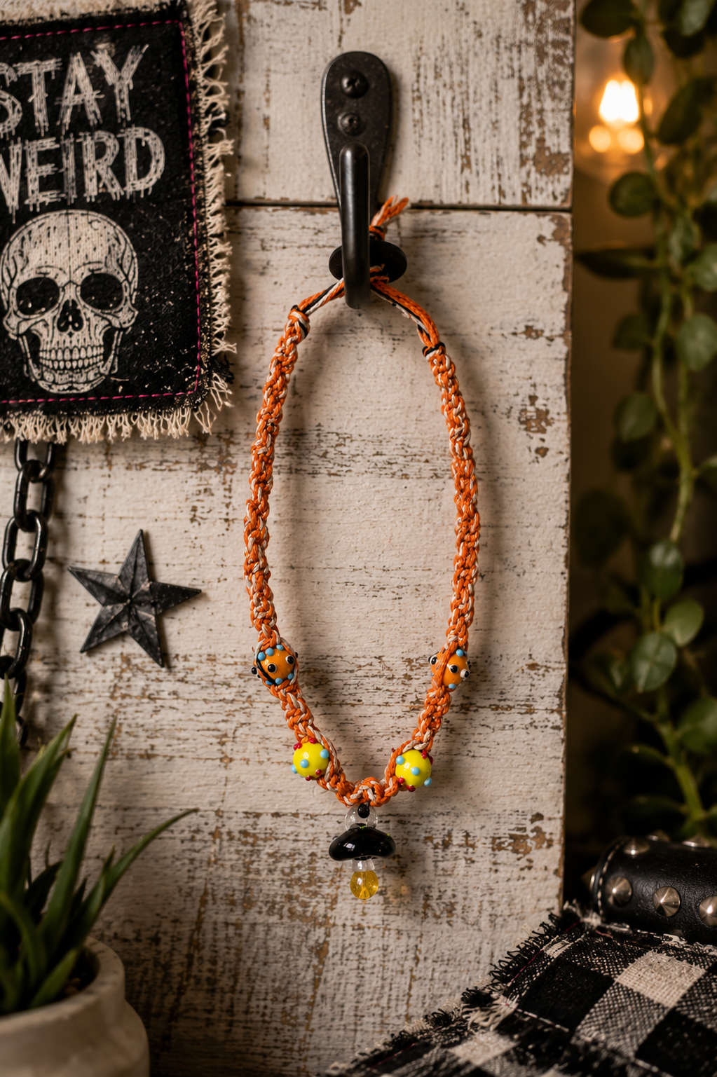 Handmade Orange Hemp Necklace with Glass Mushroom Pendant | Boho Hemp Cord Necklace | Cottagecore Jewelry | Nature Lover Gift | Festival Necklace
