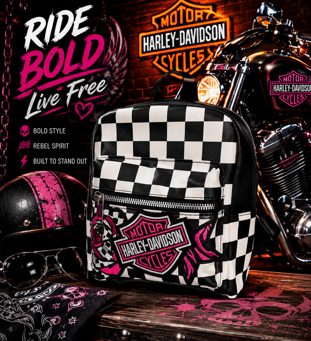 Pink Embroidered Patch Checkered Backpack Purse | Black & White Checkerboard Mini Backpack | Biker-Inspired Bag | Punk Rock Backpack Purse | Alternative Fashion Bag