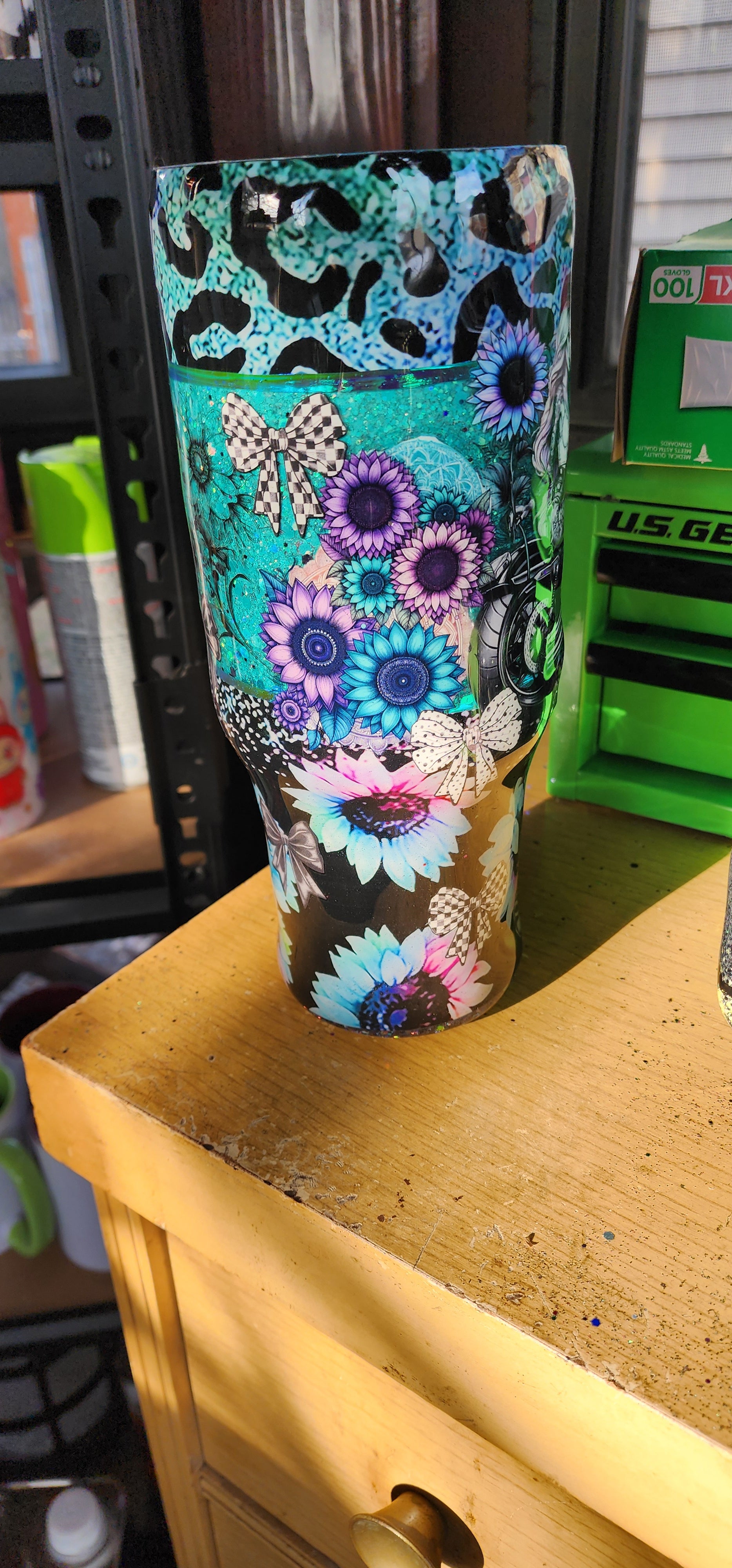 Stronger Than the Storm 40oz Sunflower Tumbler – Turquoise Glitter Epoxy Cup, Inspirational Stainless Steel Handle Tumbler
