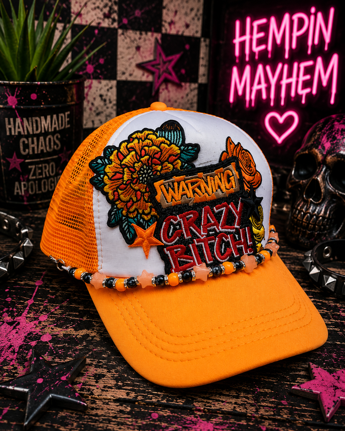 Warning Crazy Person Trucker Hat – Orange & White Snapback with Flower Patches, Funny Edgy Trucker Cap, Trendy Statement Hat